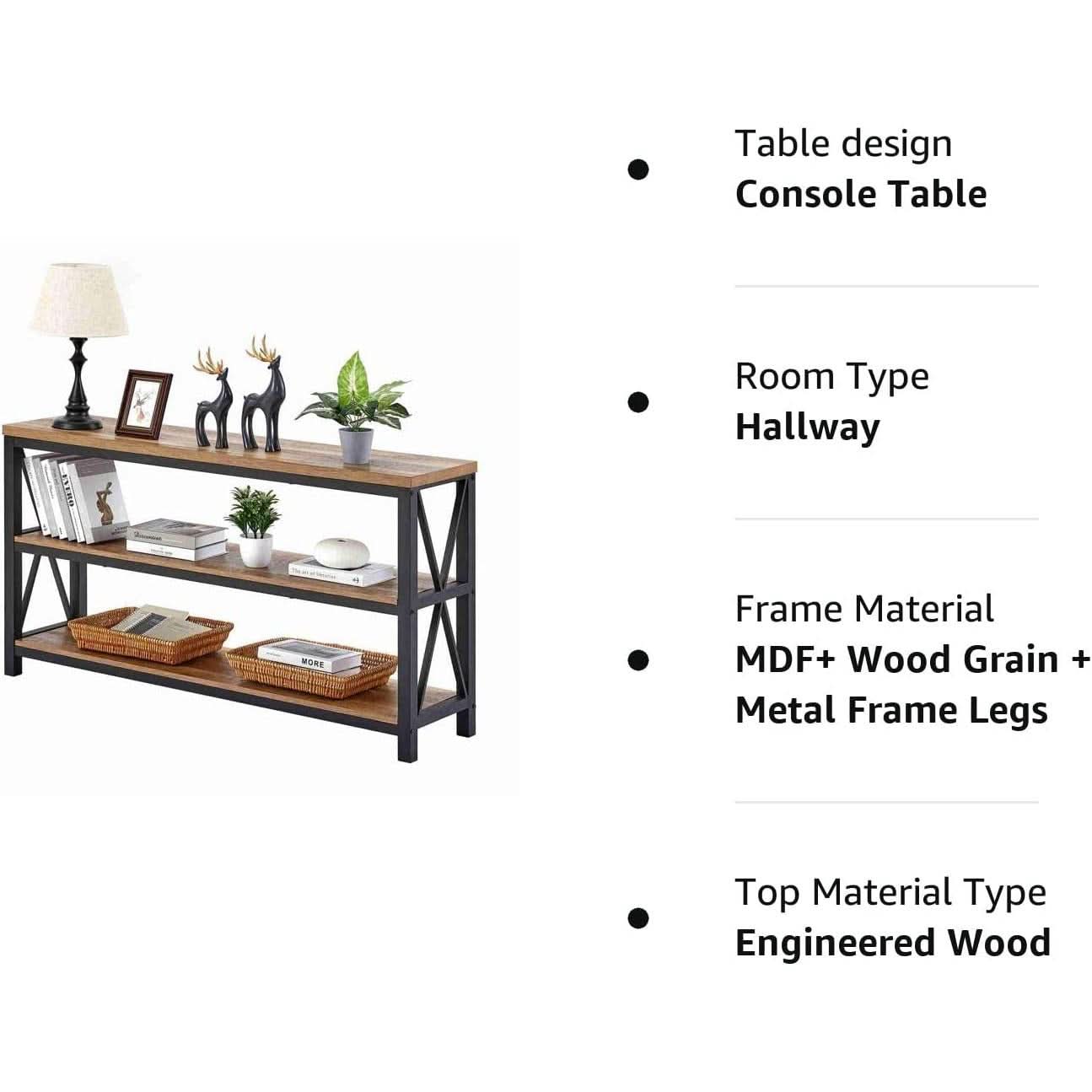 Rustic Wood Console Table With Three Shelves Metal Frame