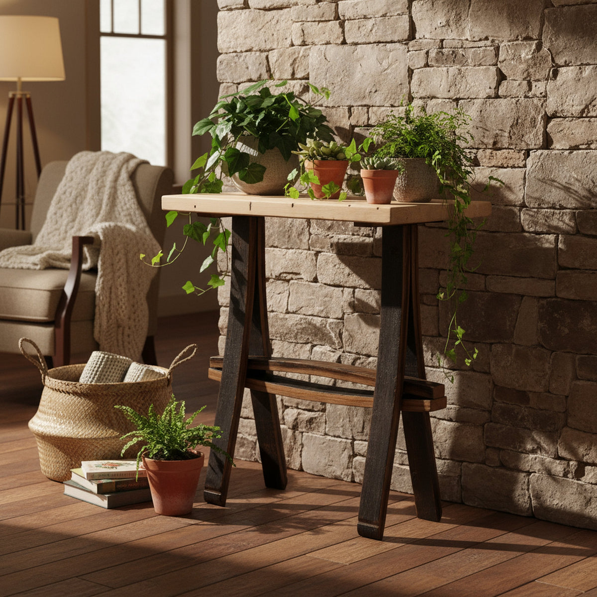 Rustic Wooden Accent or End Table with Wormy Maple Top and Barrel Stave Legs