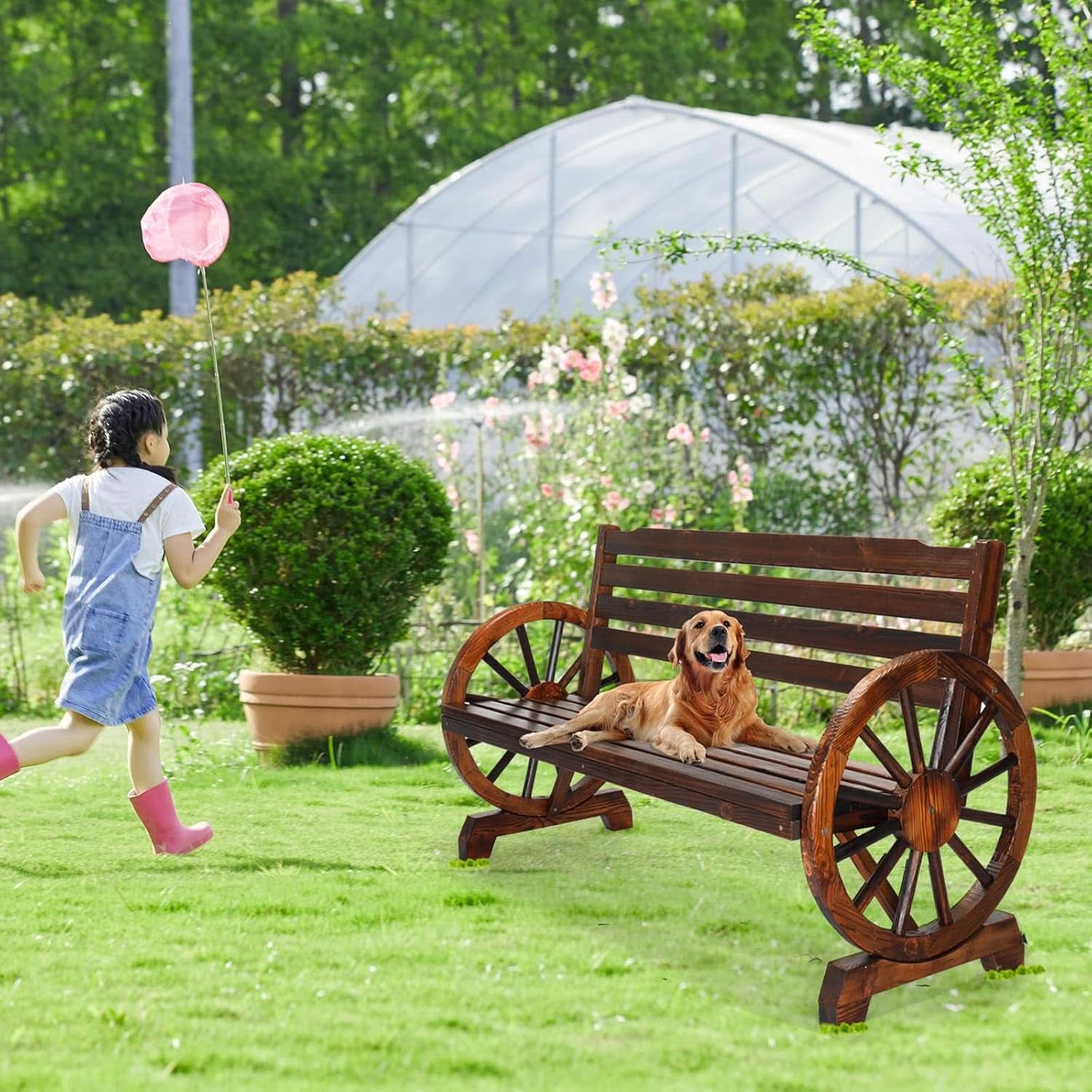 Rustic Wooden Garden Bench with Wagon Wheel Arms