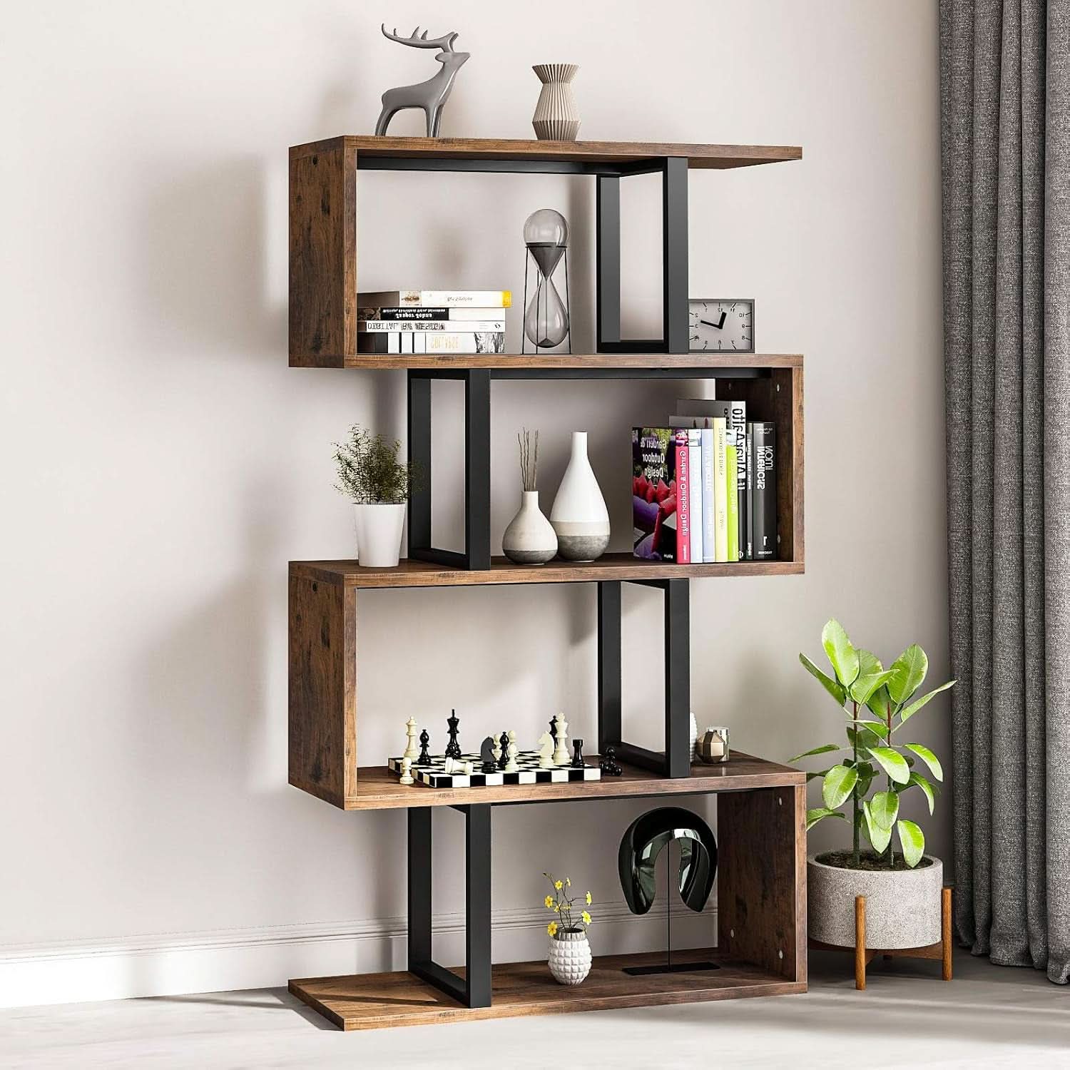 S Shaped 5 Tier Bookshelf Bookcase In Retro Brown Finish
