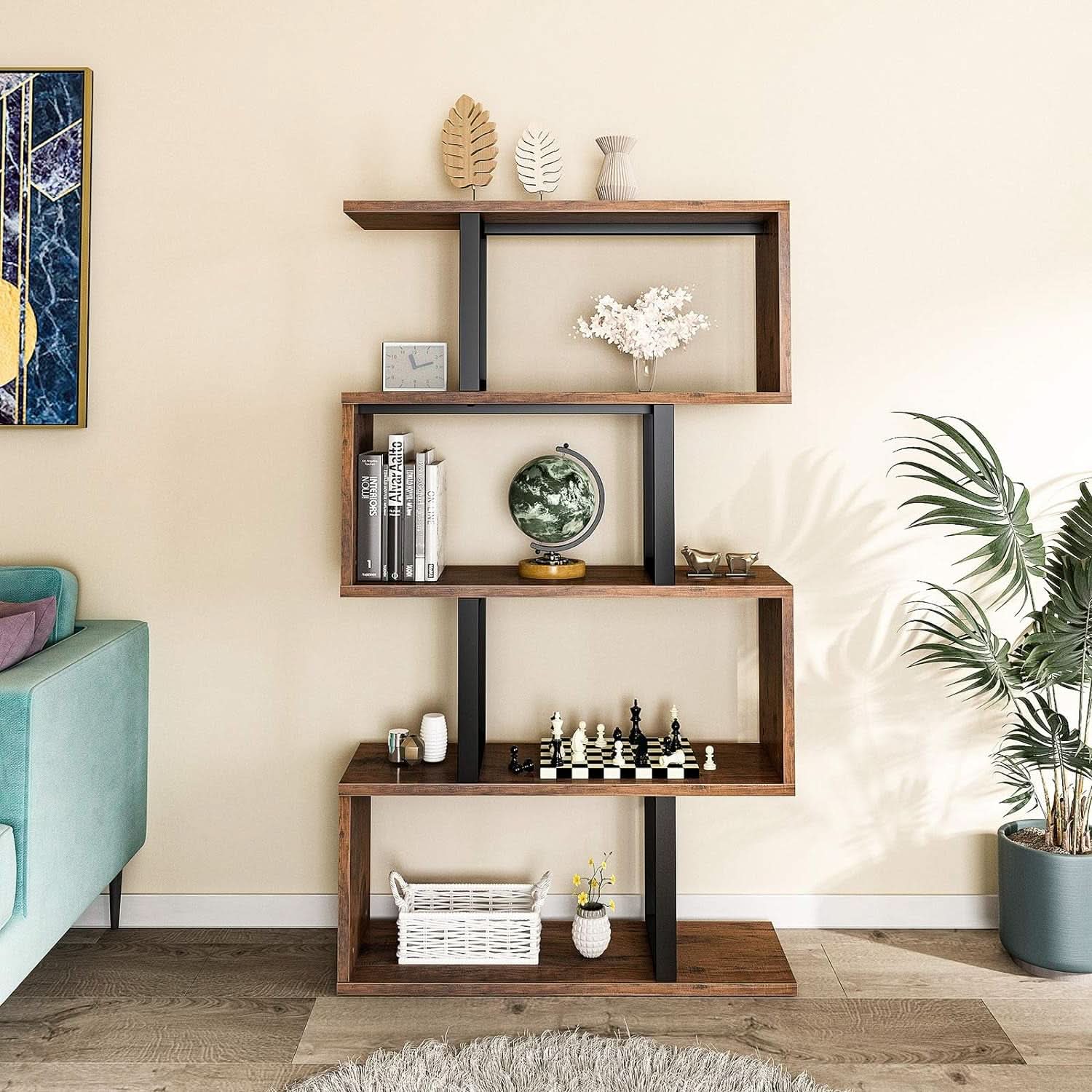 S Shaped 5 Tier Bookshelf Bookcase In Retro Brown Finish