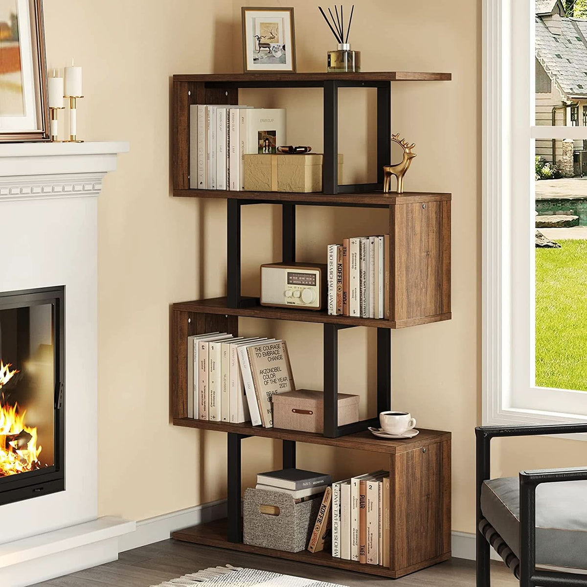 S Shaped 5 Tier Bookshelf Bookcase In Retro Brown Finish