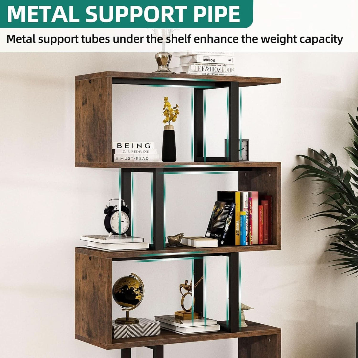 S Shaped 5 Tier Bookshelf Bookcase In Retro Brown Finish
