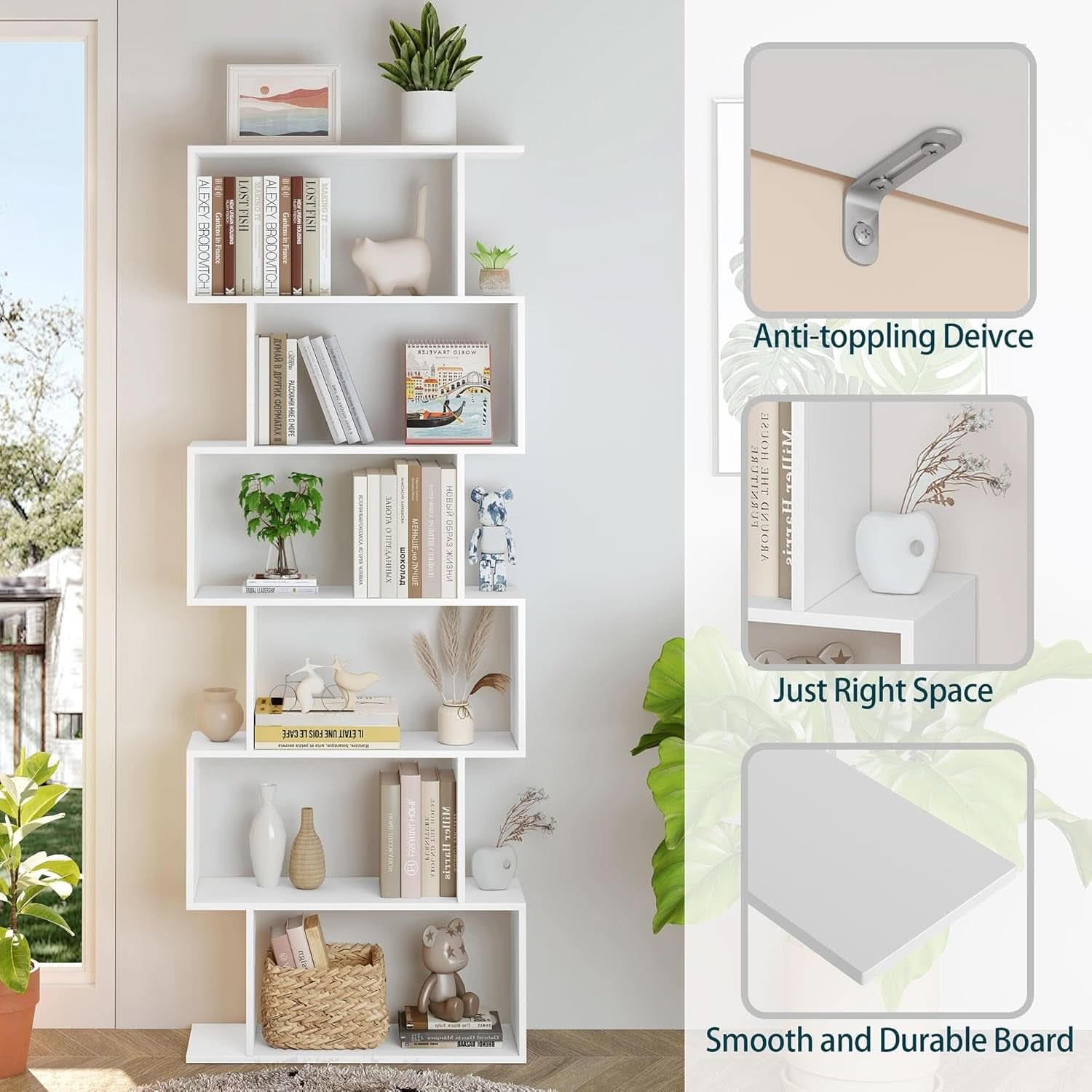 S Shaped Bookshelf White 6 Tier Display Bookcase Office