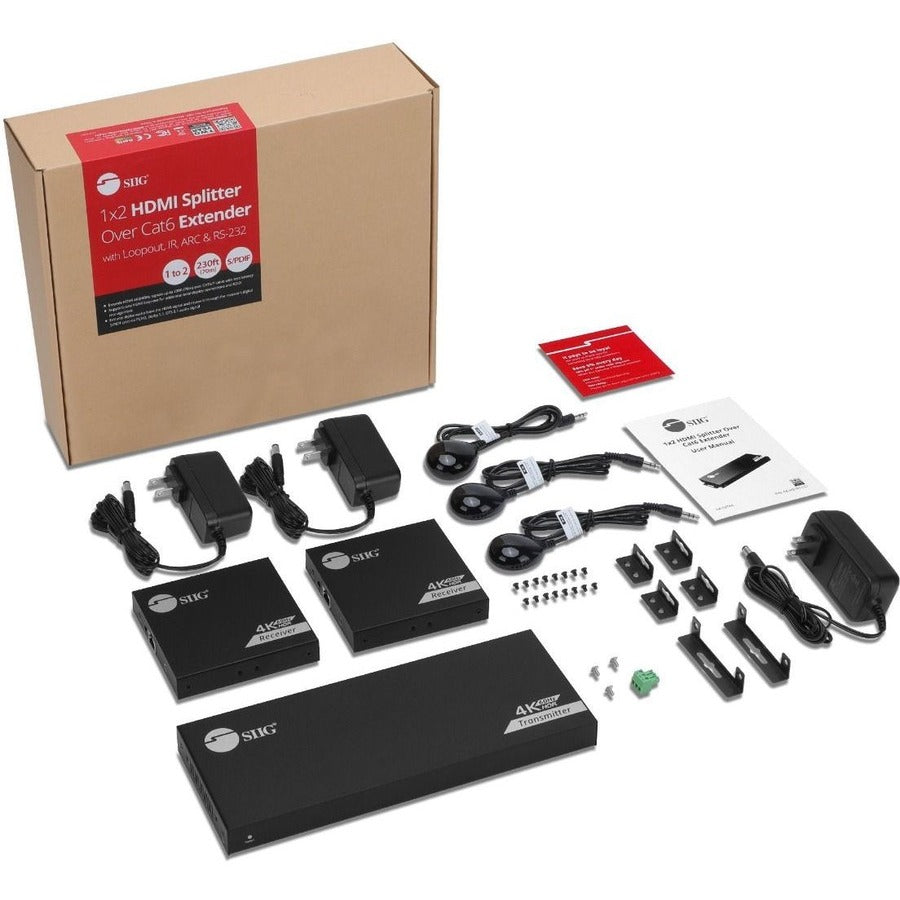 SIIG 1x2 4K60Hz HDMI Splitter Over Cat6 Extender with Loopout/IR/ARC & RS-232 - Up to 230ft (70m) - Near Zero Latency CE-H27911-S1