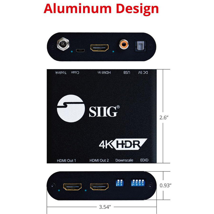 SIIG 1x2 HDMI 2.0 4k Splitter with Audio Extractor / Auto Scaling & EDID Management CE-H24X11-S1
