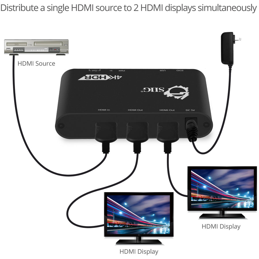 SIIG 1x2 HDMI 2.0 Splitter / Distribution Amplifier with Auto Video Scaling - 4K 60Hz HDR CE-H22X11-S1