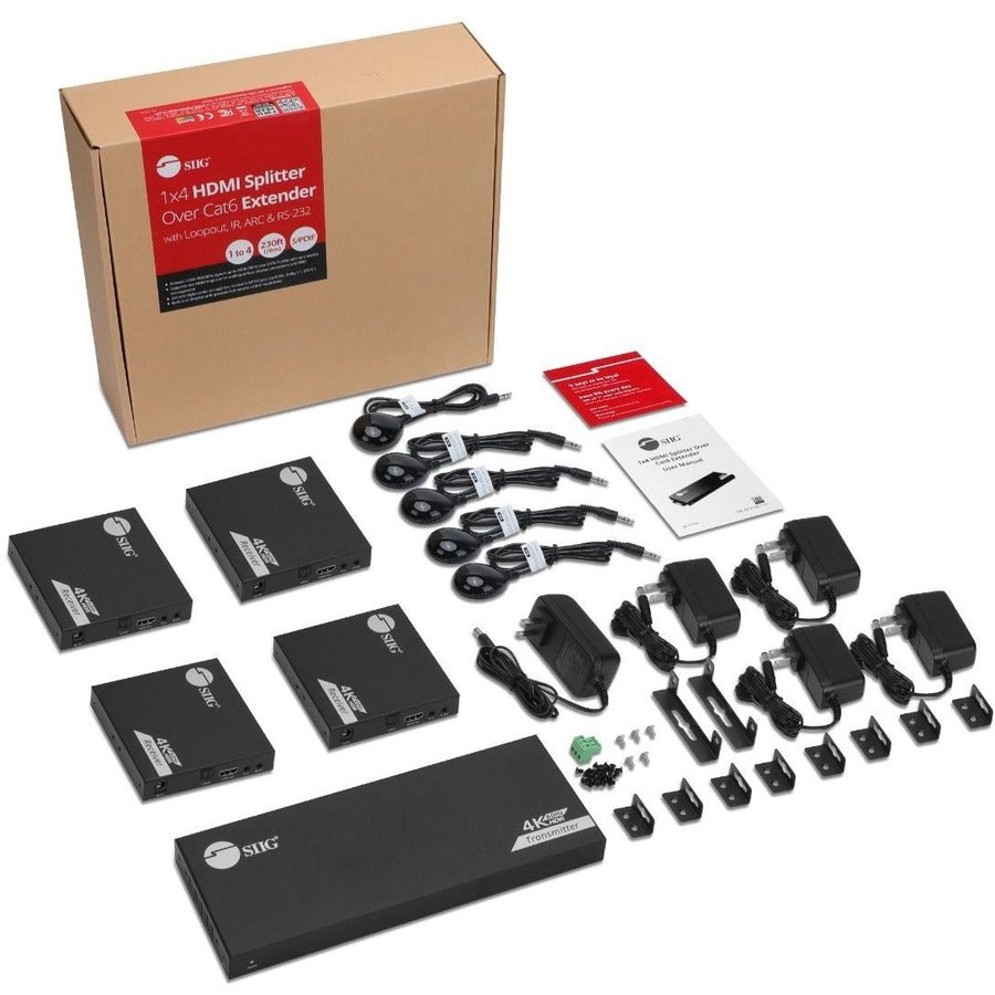 SIIG 1x4 4K 60Hz HDMI Splitter Over Cat6 Extender with Loopout/IR/ARC & RS-232 - Up to 230ft (70m) - Near Zero Latency CE-H27A11-S1