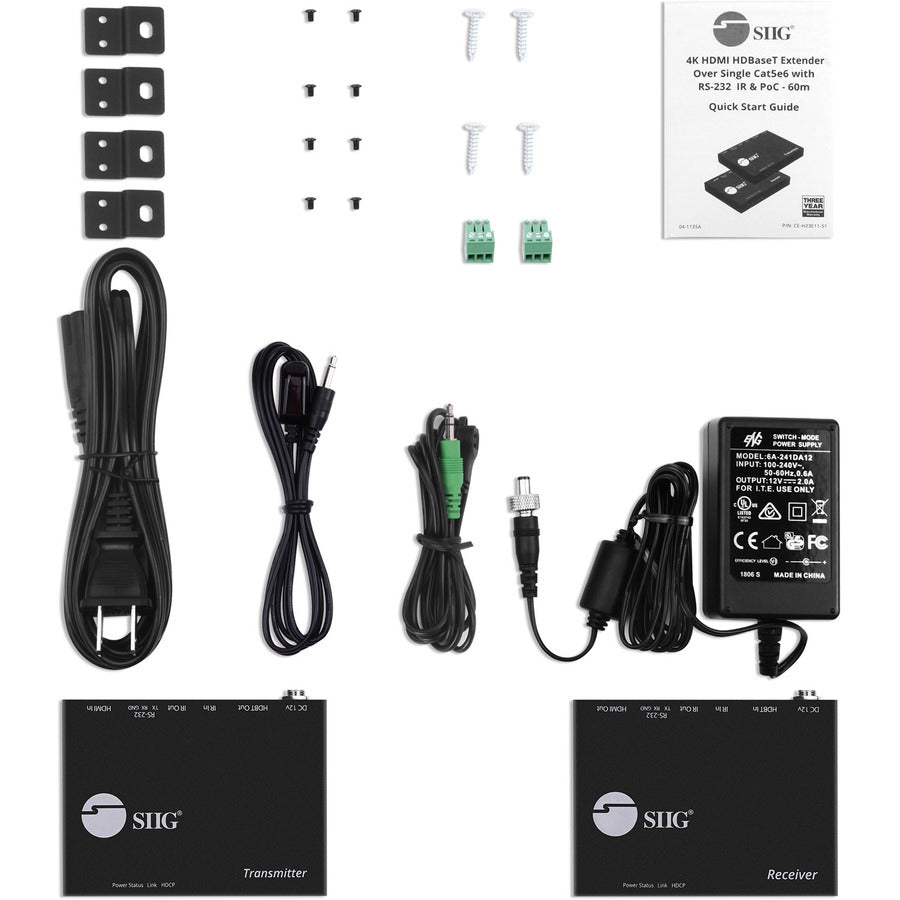 SIIG 4K HDMI HDBaseT Extender Over Single Cat5e/6 with RS-232, IR & PoC - 60m CE-H23E11-S1