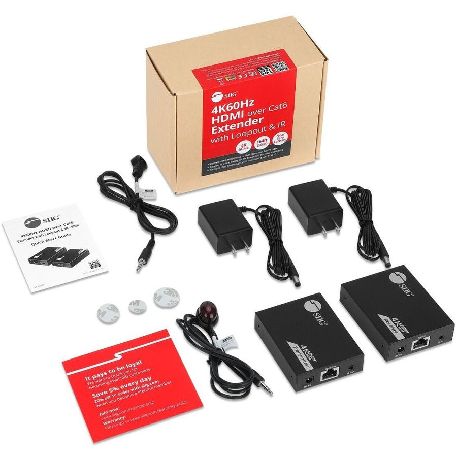 SIIG 4K60Hz HDMI over Cat6 Extender with Loopout & IR - 50m- HDMI Extender- Auto