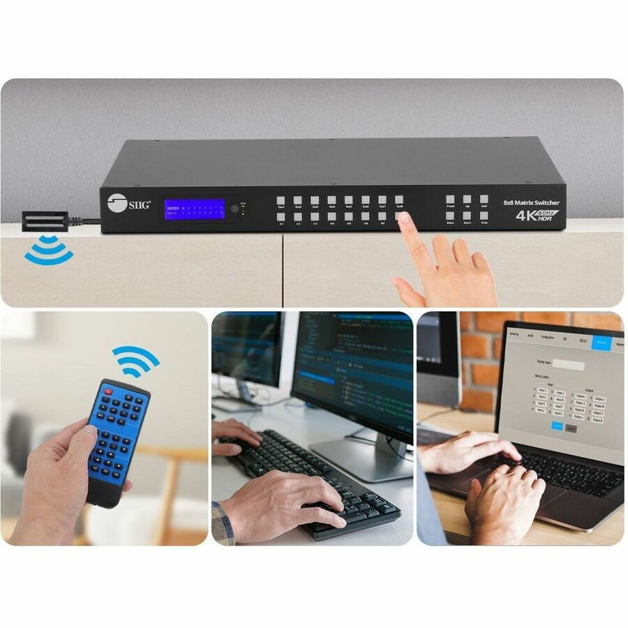 SIIG 8x8 HDMI 4K60Hz Matrix Switcher with LCD - 18Gbps- Downscaling- EDID Management - ARC