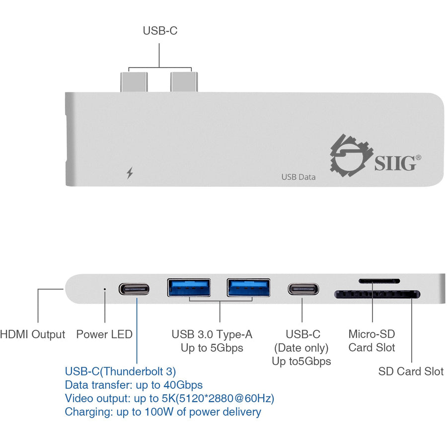 SIIG Thunderbolt 3 USB-C Hub HDMI with Card Reader & PD Adapter - Silver JU-TB0412-S1