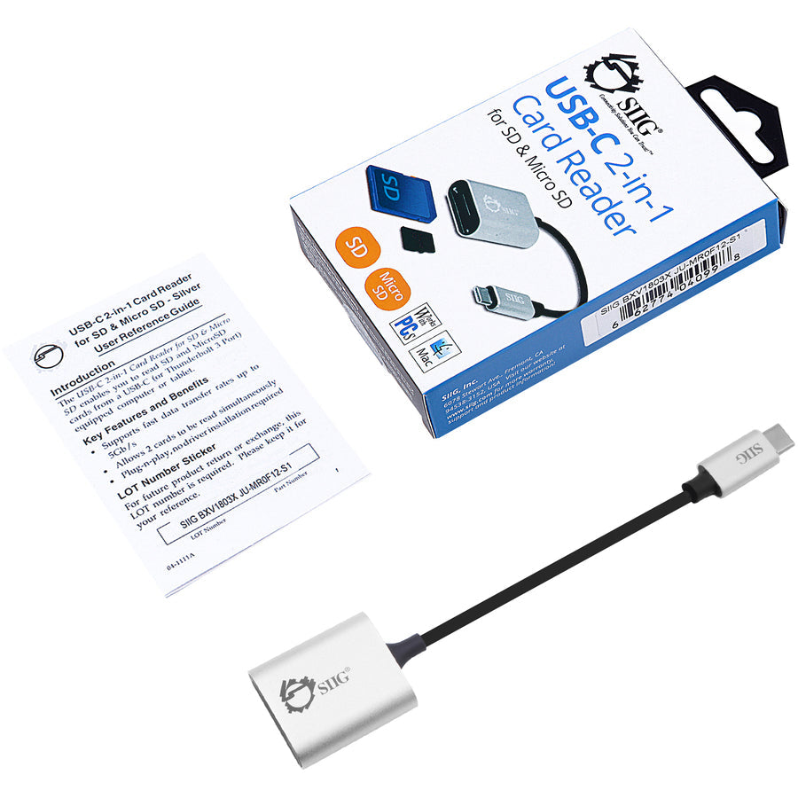 SIIG USB-C 2-in-1 Card Reader for SD & Micro SD - Silver JU-MR0F12-S1