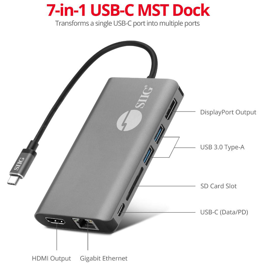 SIIG USB-C MST Video with Hub, LAN and PD 3.0 Docking - 7-in-1 MST Docking Station with 100W PD - MacOS for DP or HDMI Video JU-DK0F11-S1
