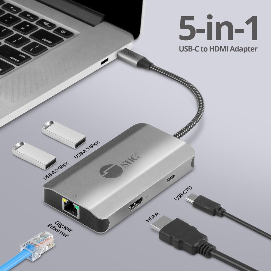 SIIG USB-C to HDMI with LAN Hub & PD 100W Adapter - Adds one HDMI 4K@30Hz - two USB-A