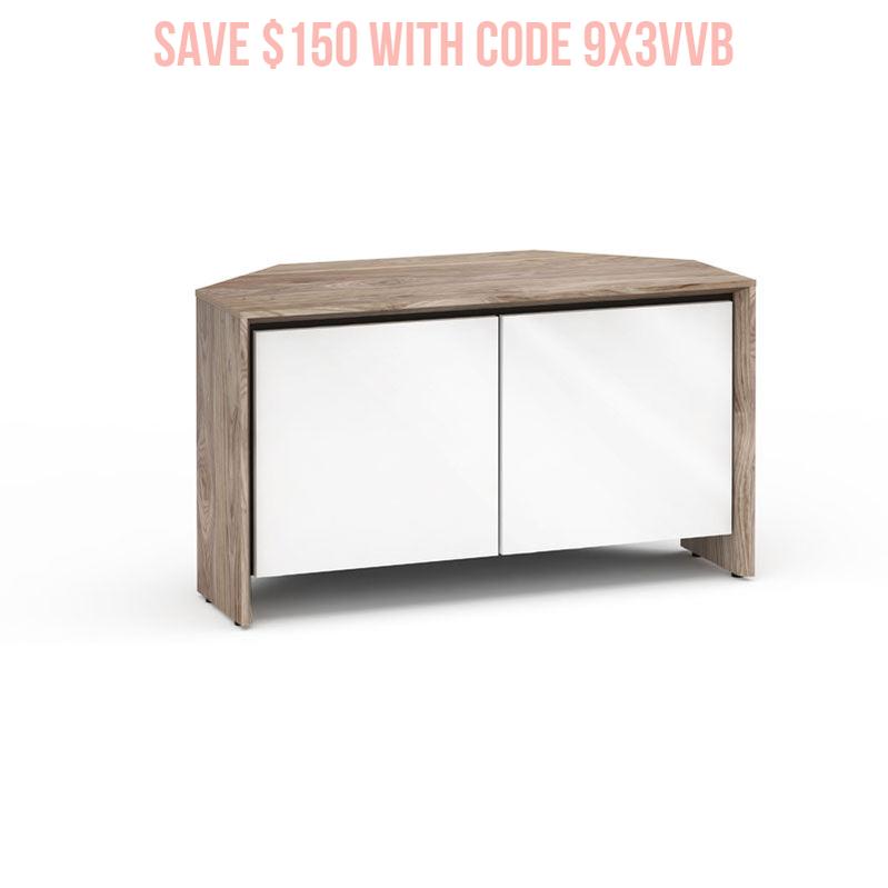 Salamander Barcelona 221 Corner AV Cabinet – Ventilated, Soft-Close Doors, Natural Walnut/Gloss White