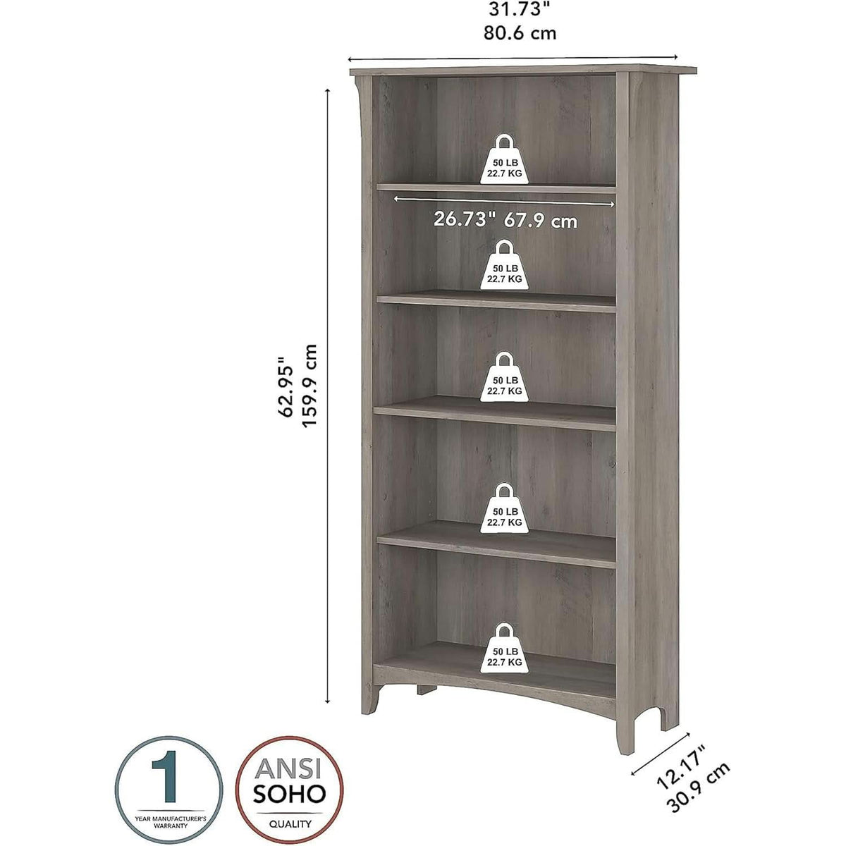 Salinas 63 Inch High Bookcase Driftwood Gray Modern