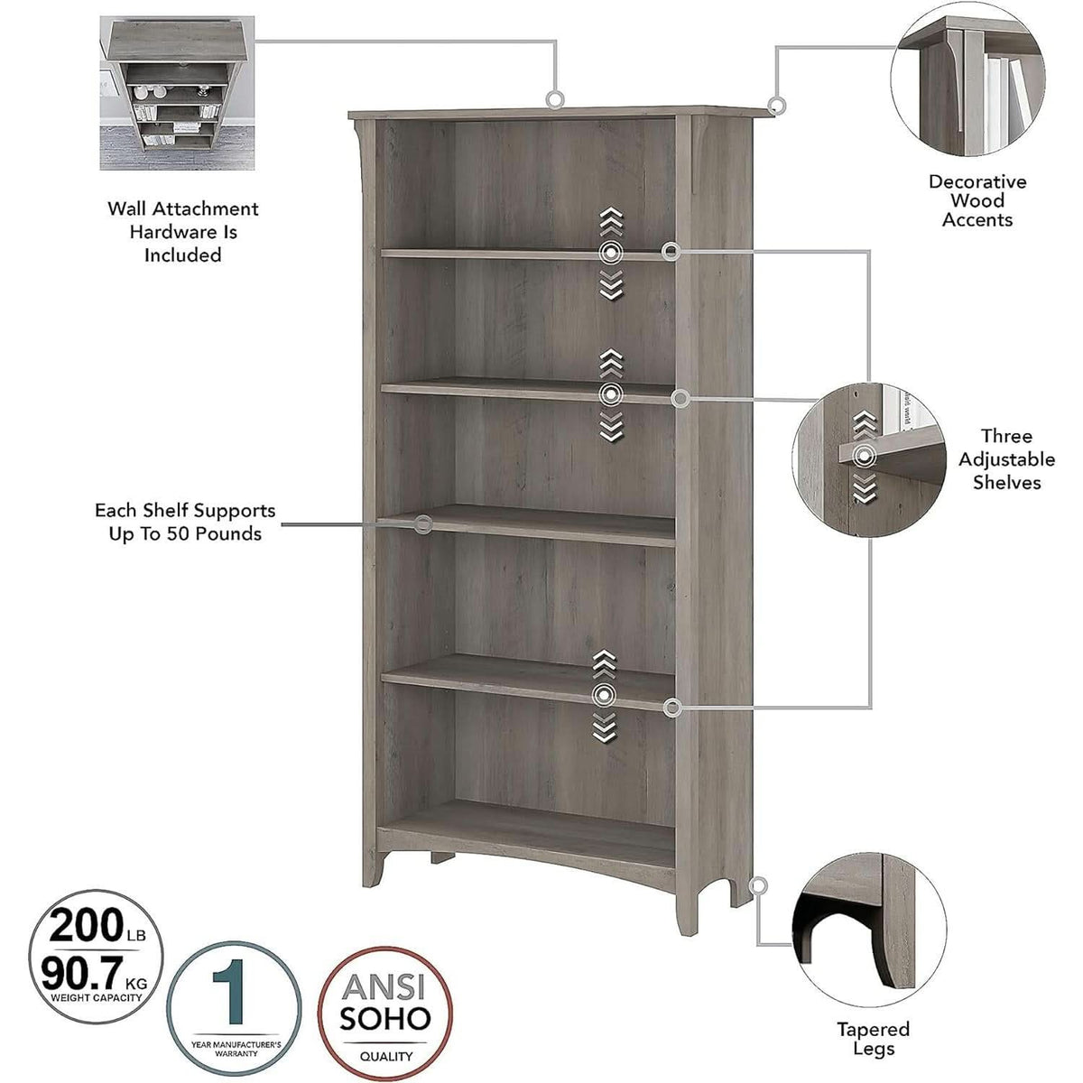 Salinas 63 Inch High Bookcase Driftwood Gray Modern