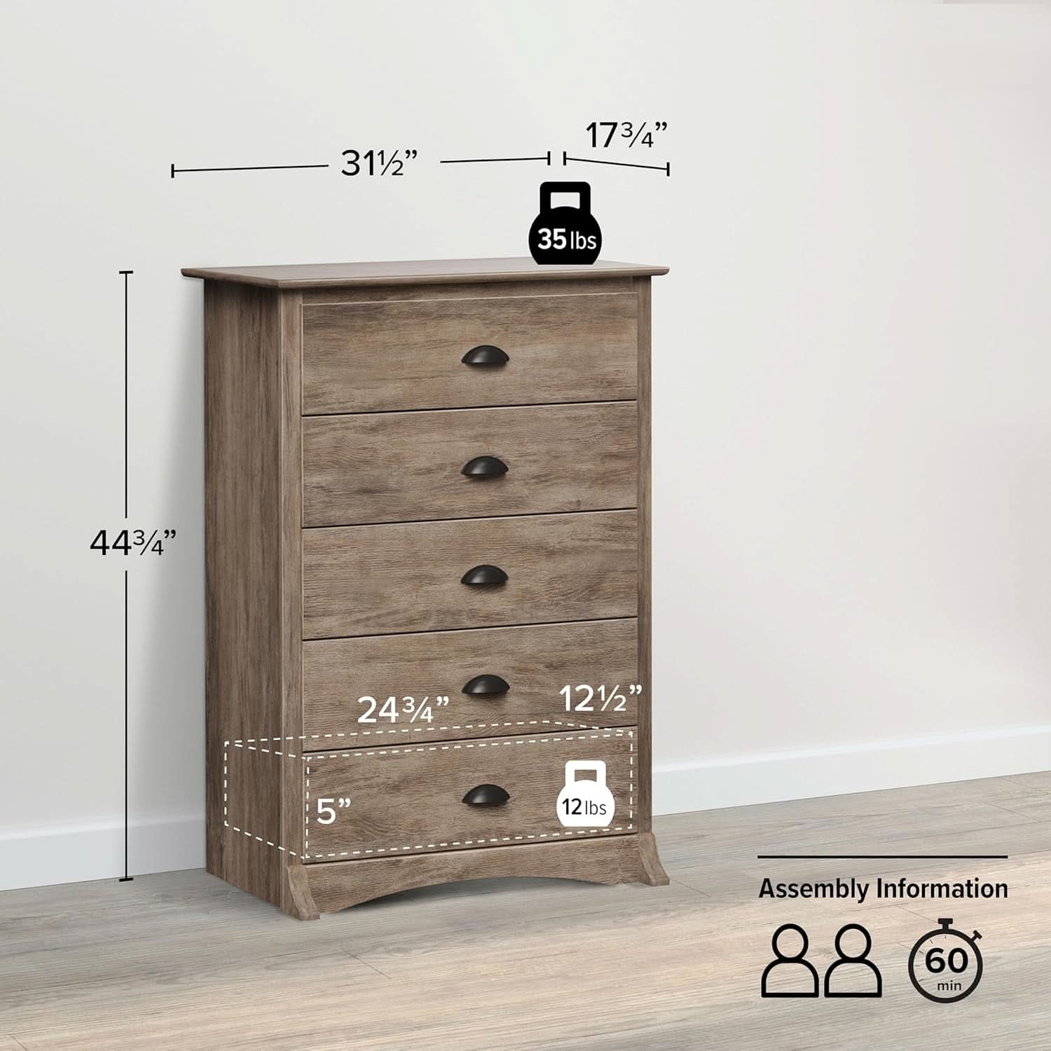 Salt Spring Rustic 5 Drawer Tall Dresser In Drifted Gray