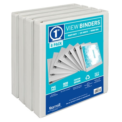 Samsill Durable 1" View Ring Binders, D-Ring, White, 8/Pack