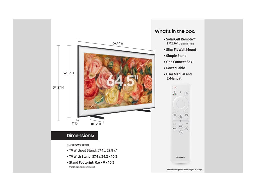 Samsung QN65LS03DAF - 65 Diagonal Class (64.5" viewable) - The Frame LS03D Series LED-backlit LCD TV - QLED - Smart TV - Tizen QN65LS03DAFXZA