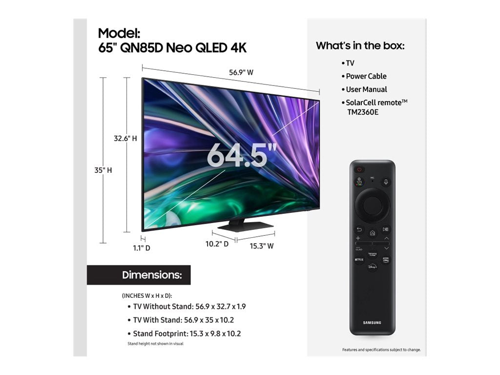 Samsung QN65QN85DBF - 65 Diagonal Class (64.5" viewable) - QN85D Series LED-backlit LCD TV - Neo QLED - Smart TV - Tizen OS - QN65QN85DBFXZA