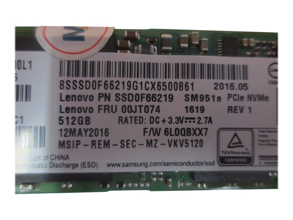 Samsung - SSD - 512 GB - internal - M.2 2280 - PCIe 3.0 x4 (NVMe) - FRU - for ThinkPad T460; X1 Tablet (1st Gen);