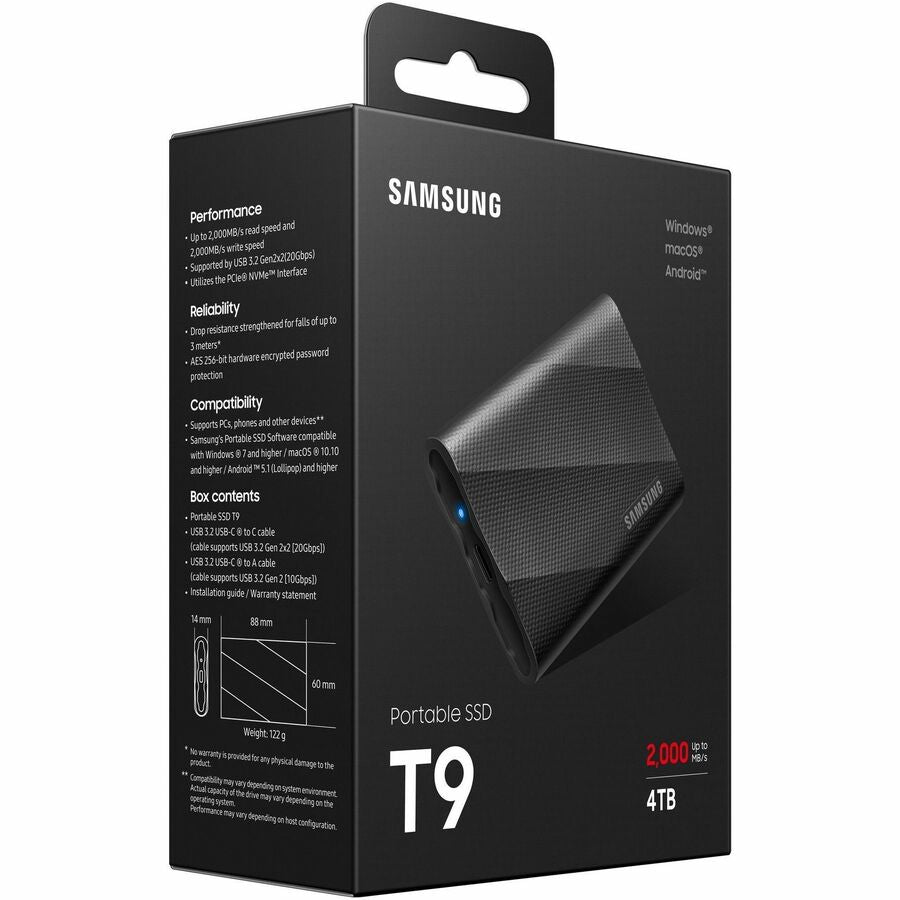 Samsung T9 4 TB Portable Rugged Solid State Drive - External - PCI Express NVMe - Black -