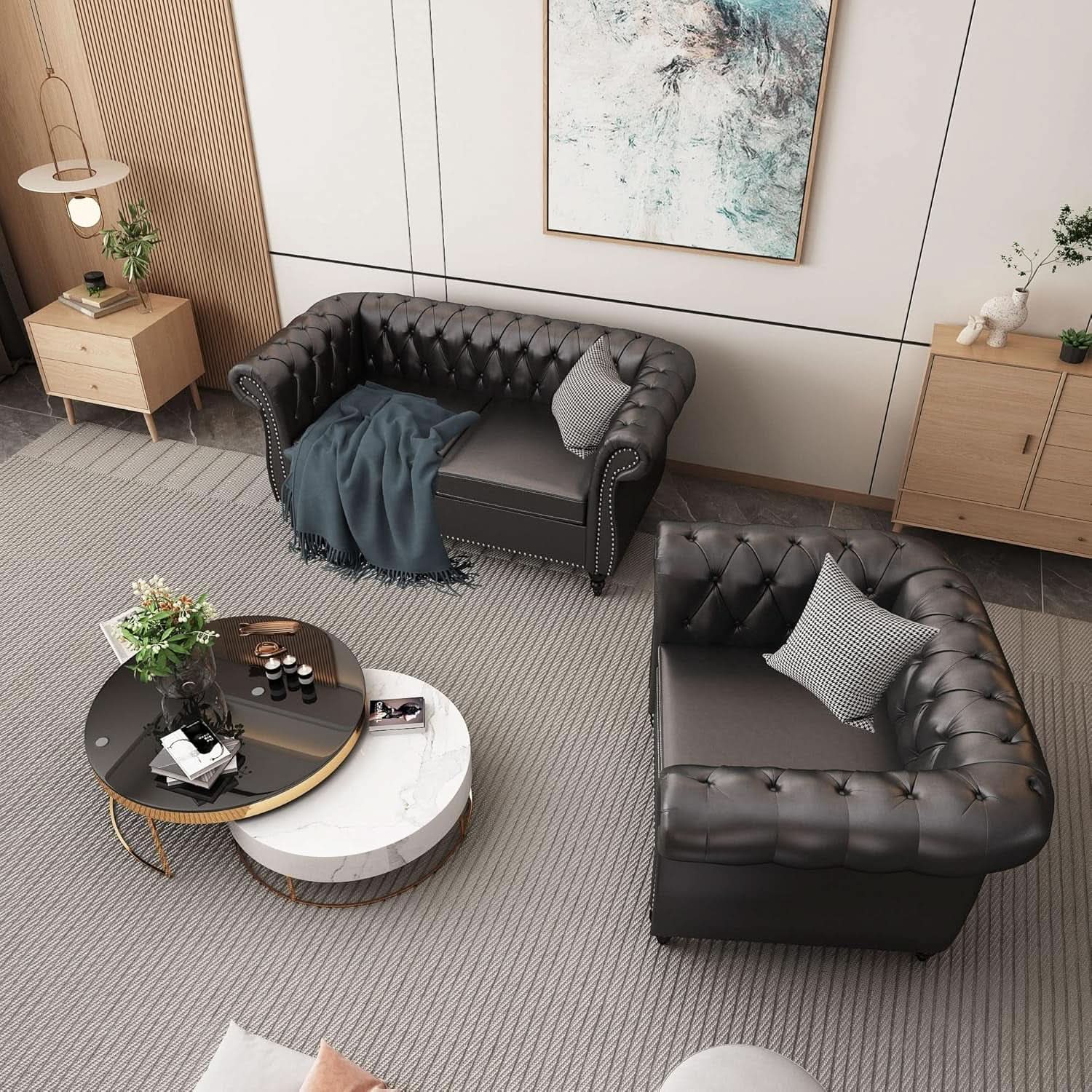Sectional PU Leather Modular Sofa Couches, Black Tufted Cushions