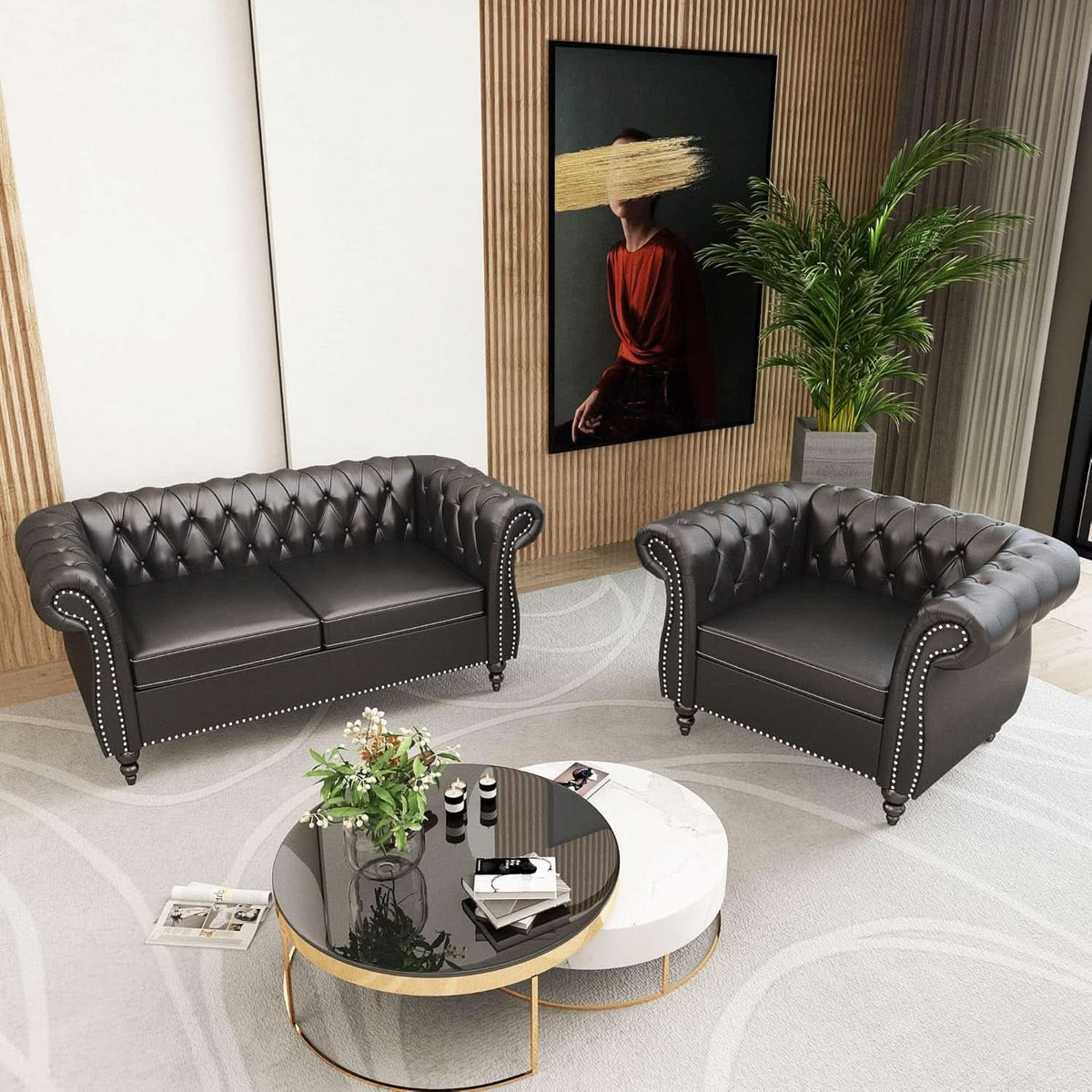 Sectional PU Leather Modular Sofa Couches, Black Tufted Cushions
