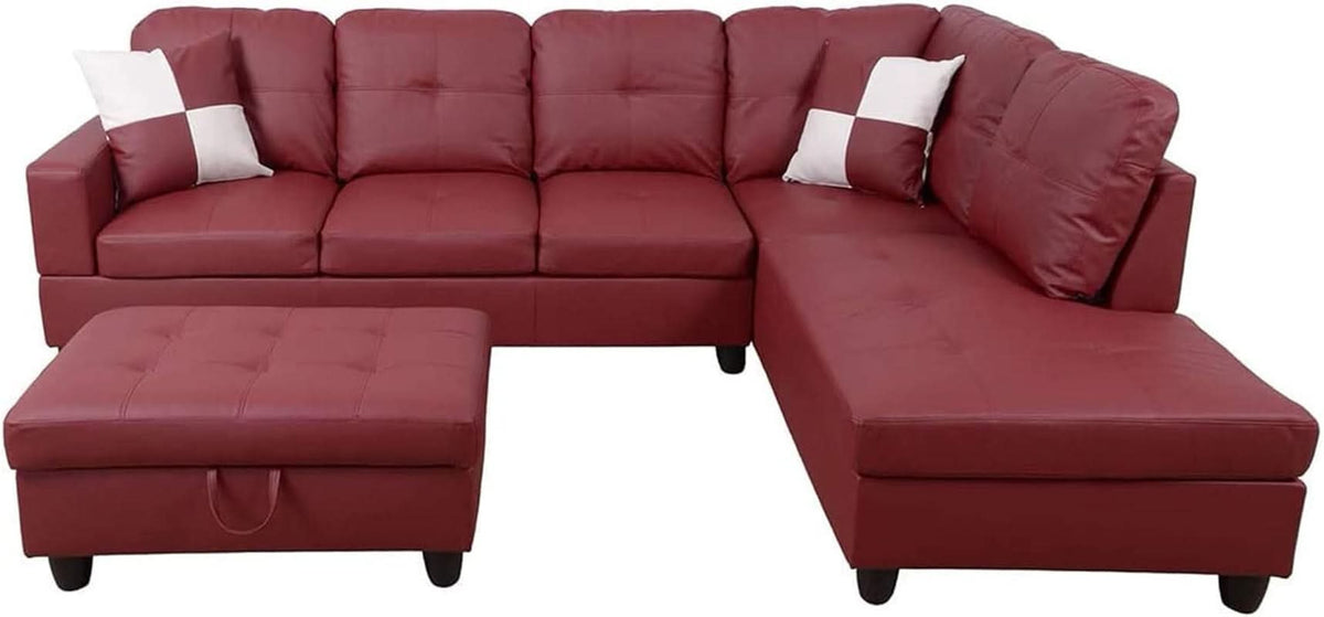 Sectional Sofa Faux Leather L Shaped 103.5 Inch Wide Red
