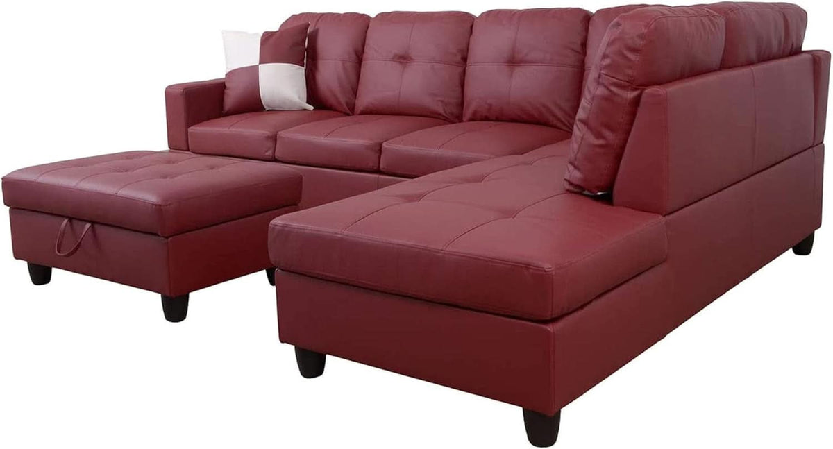 Sectional Sofa Faux Leather L Shaped 103.5 Inch Wide Red
