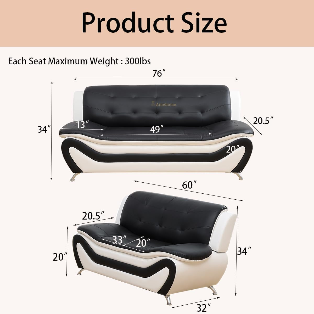 Sectional Sofa Set Modern Faux Leather 5 Seat Black White