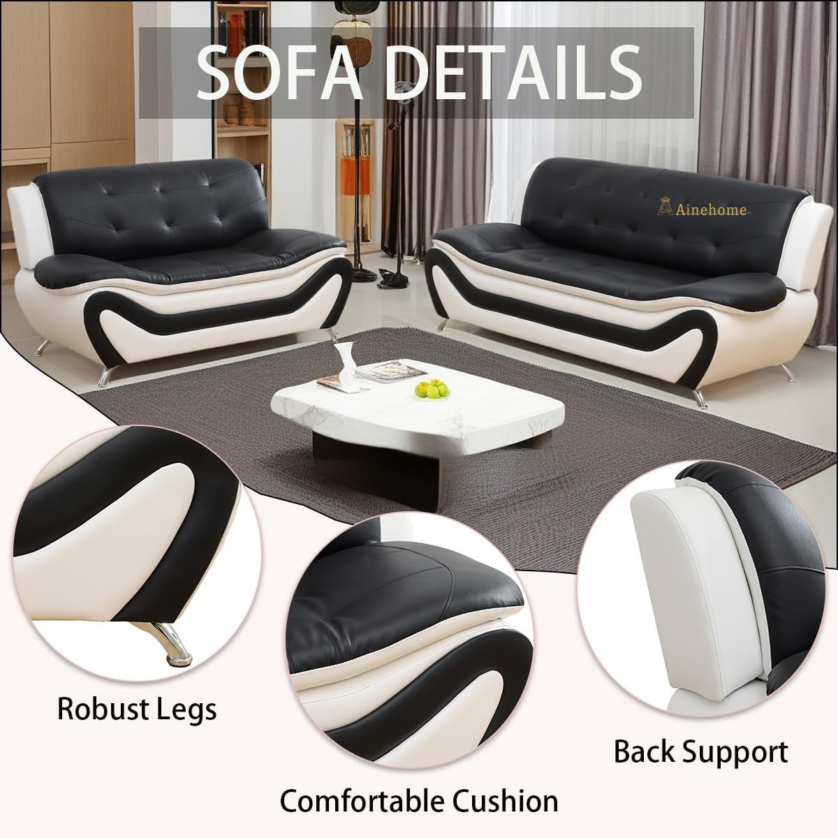 Sectional Sofa Set Modern Faux Leather 5 Seat Black White