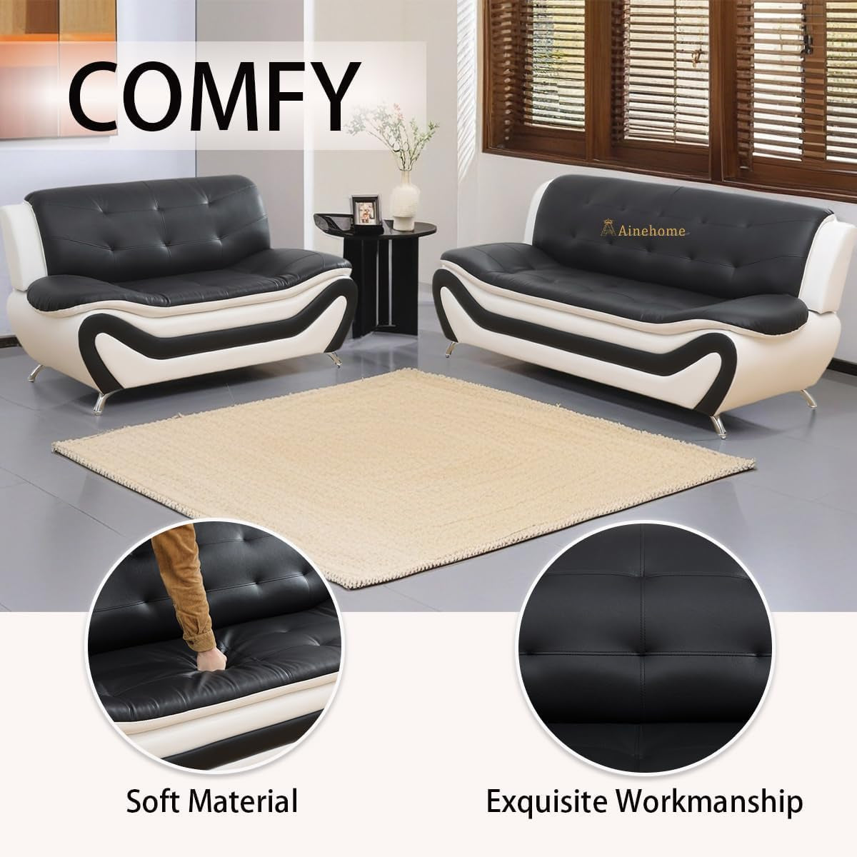 Sectional Sofa Set Modern Faux Leather 5 Seat Black White