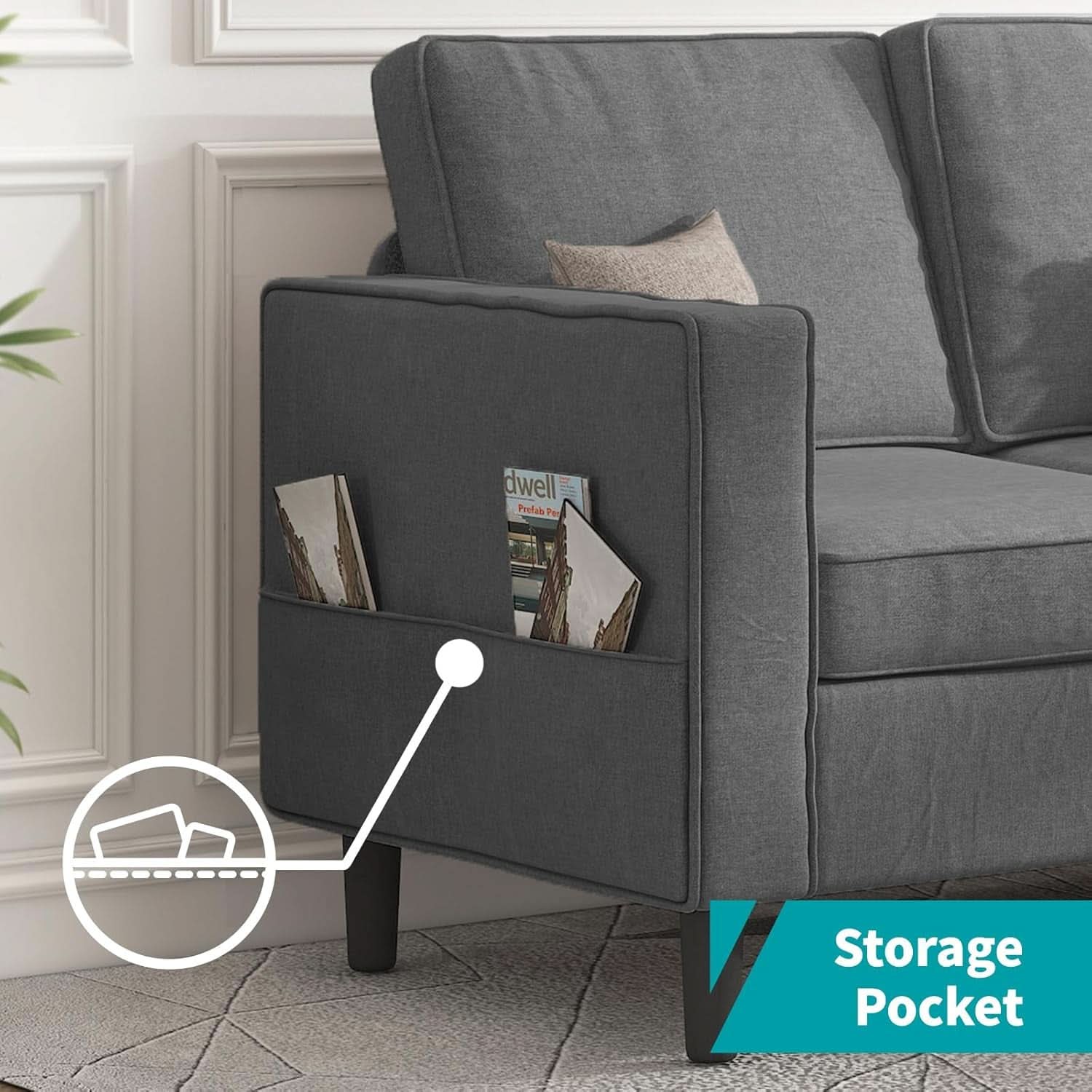 Sectional Sofa With Movable Storage Ottoman Dark Grey