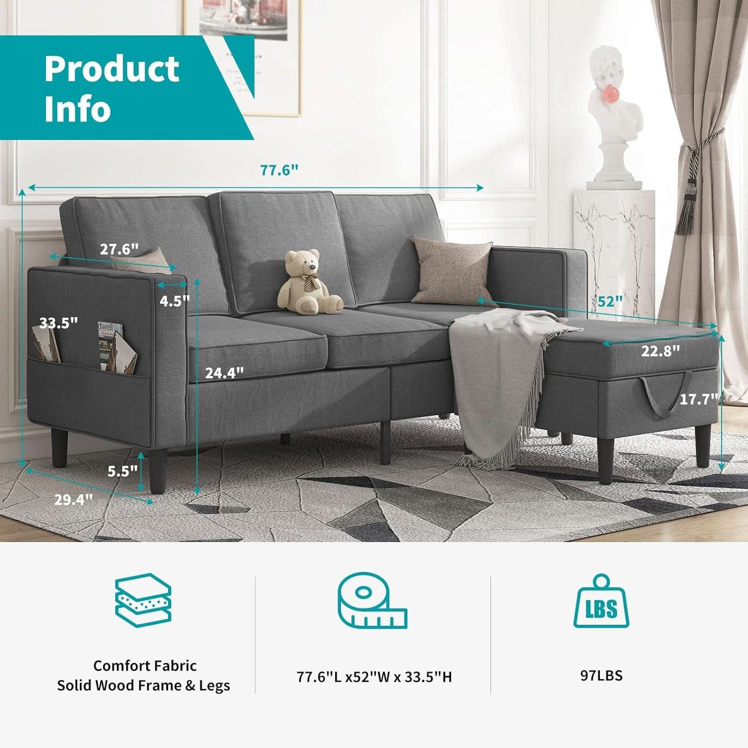 Sectional Sofa With Movable Storage Ottoman Dark Grey