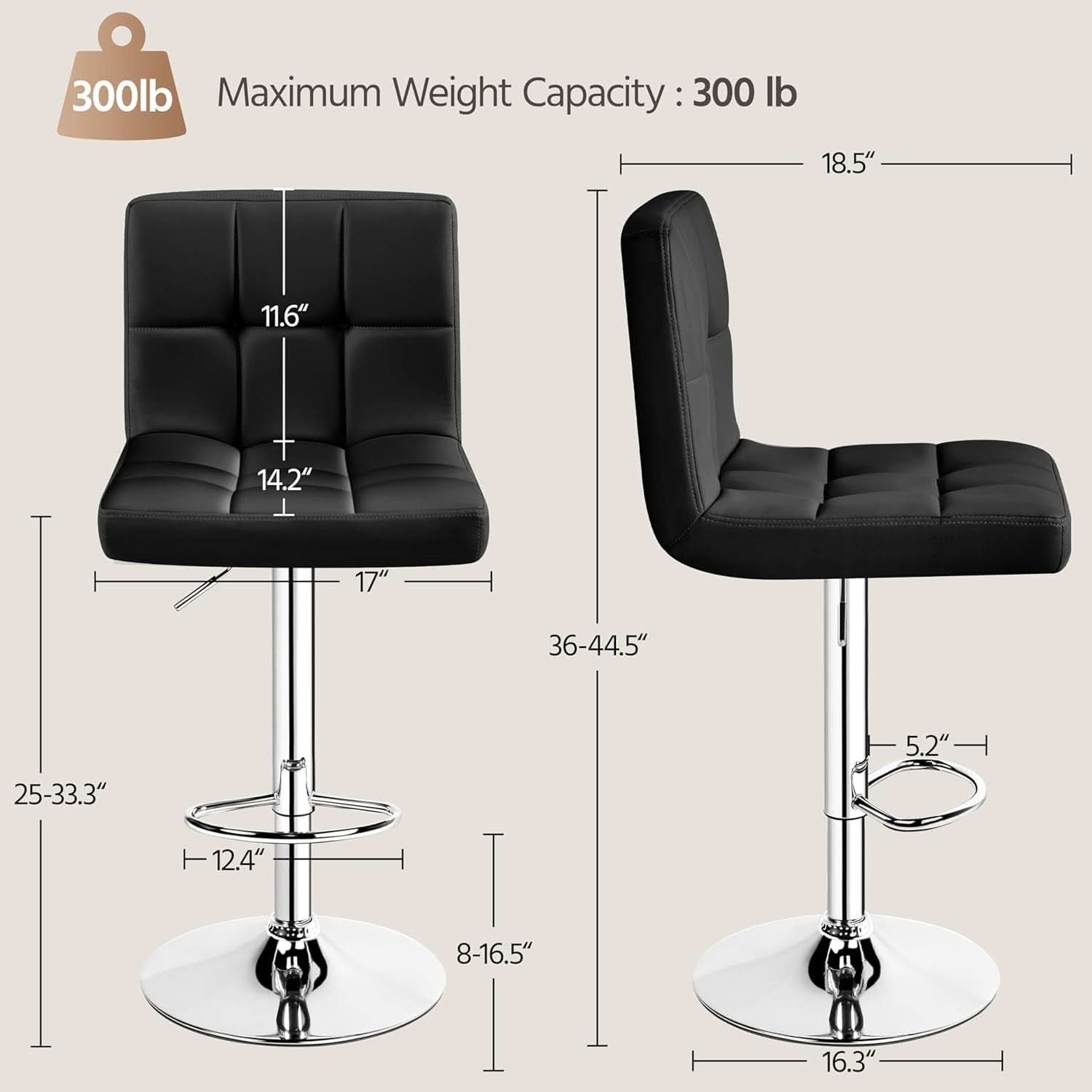 Set Of 2 Adjustable Black PU Leather Swivel Bar Stools
