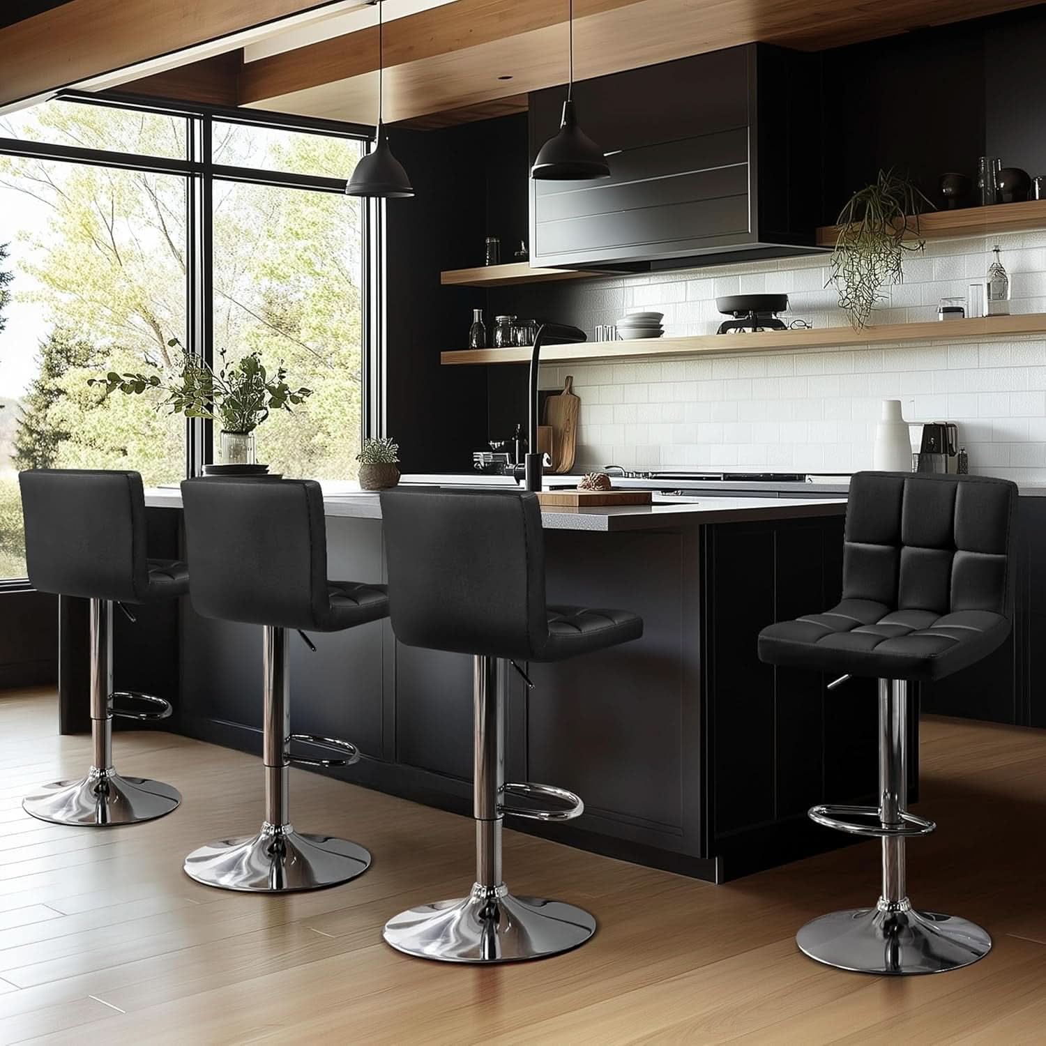 Set Of 2 Adjustable Black PU Leather Swivel Bar Stools