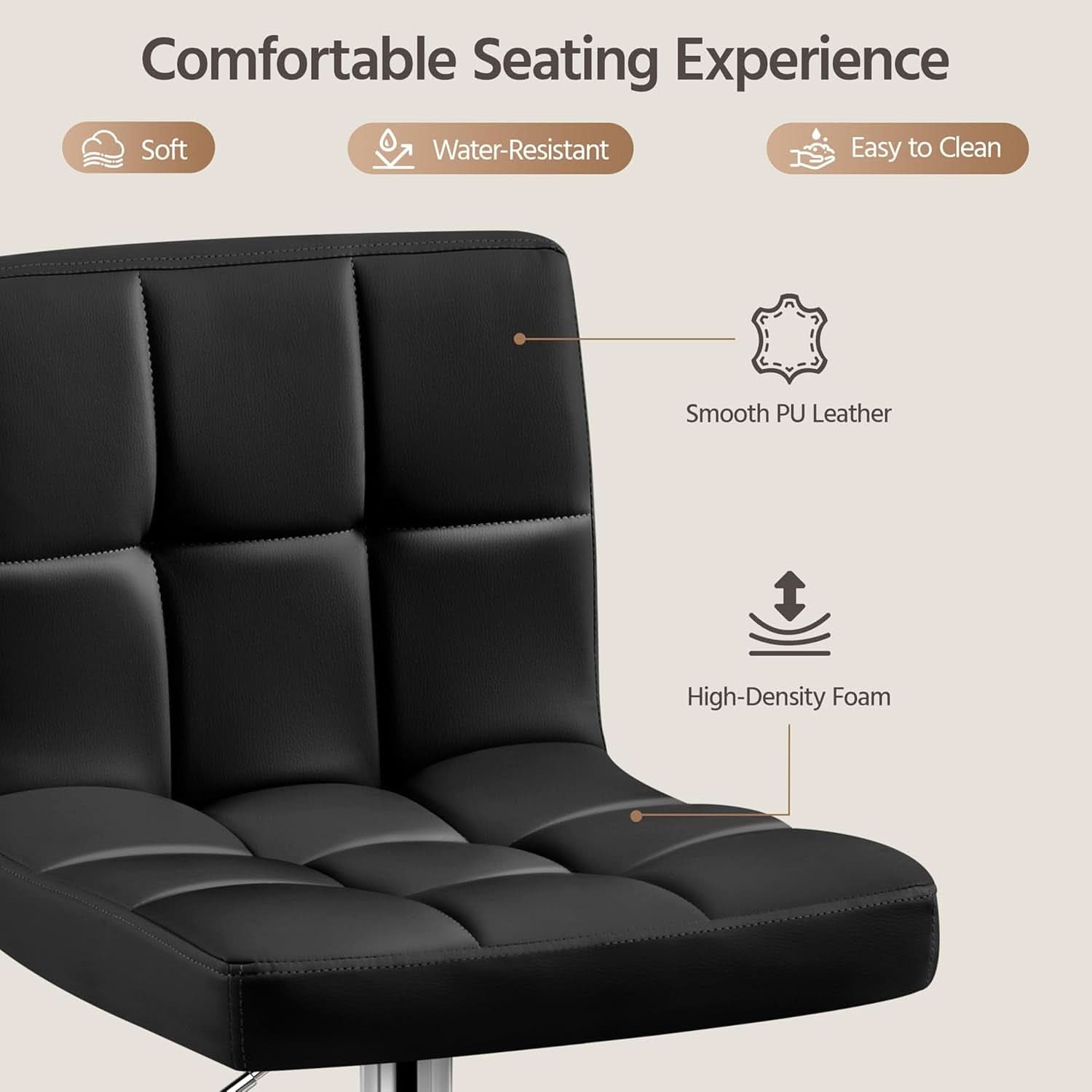 Set Of 2 Adjustable Black PU Leather Swivel Bar Stools