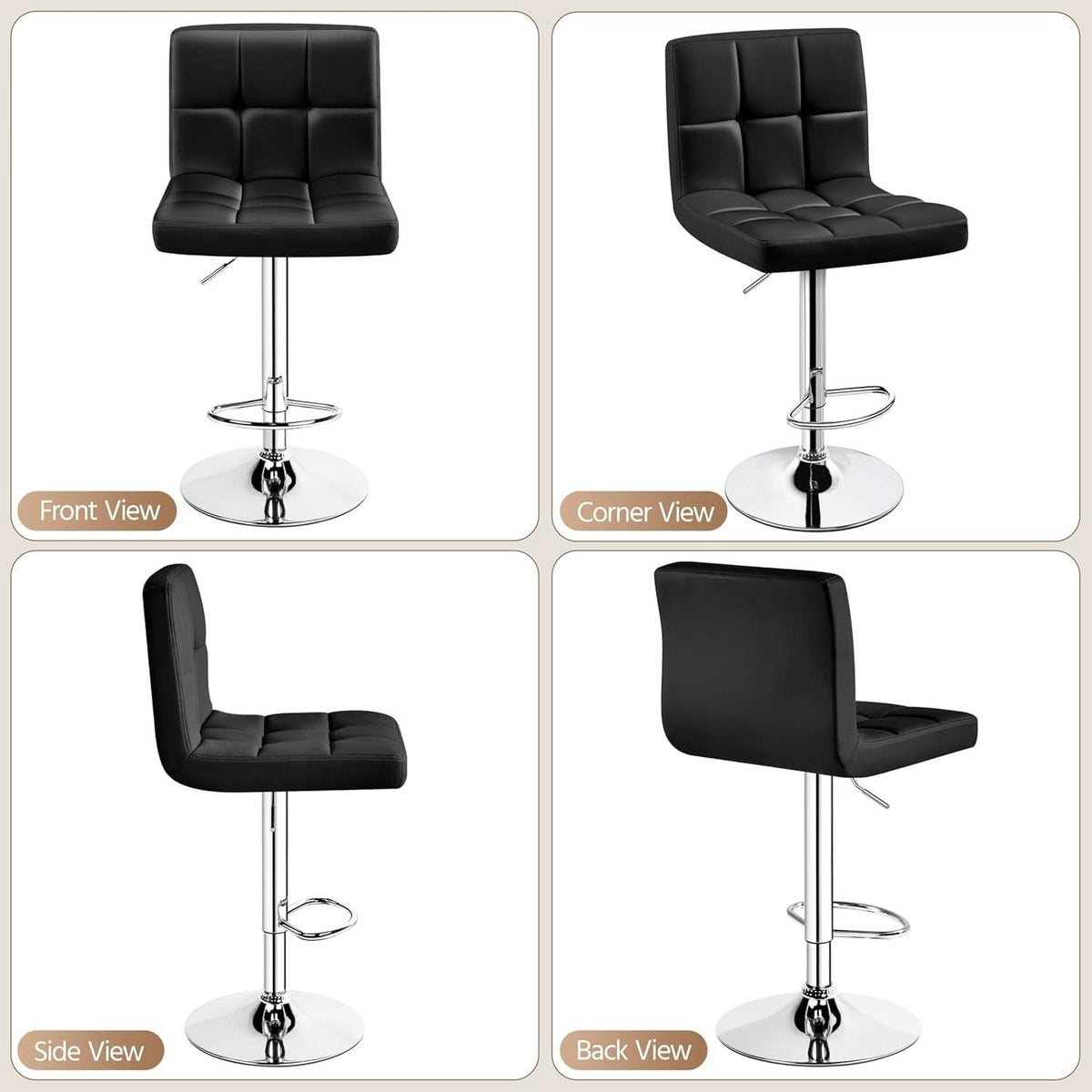 Set Of 2 Adjustable Black PU Leather Swivel Bar Stools