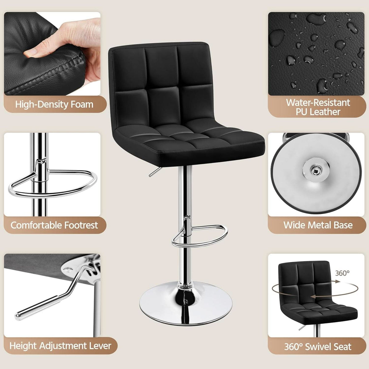 Set Of 2 Adjustable Black PU Leather Swivel Bar Stools