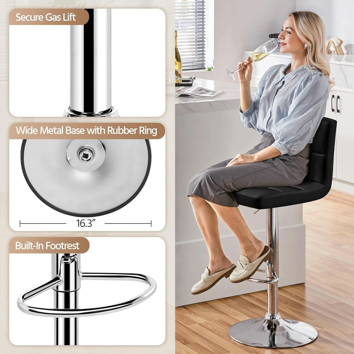 Set Of 2 Adjustable Black PU Leather Swivel Bar Stools