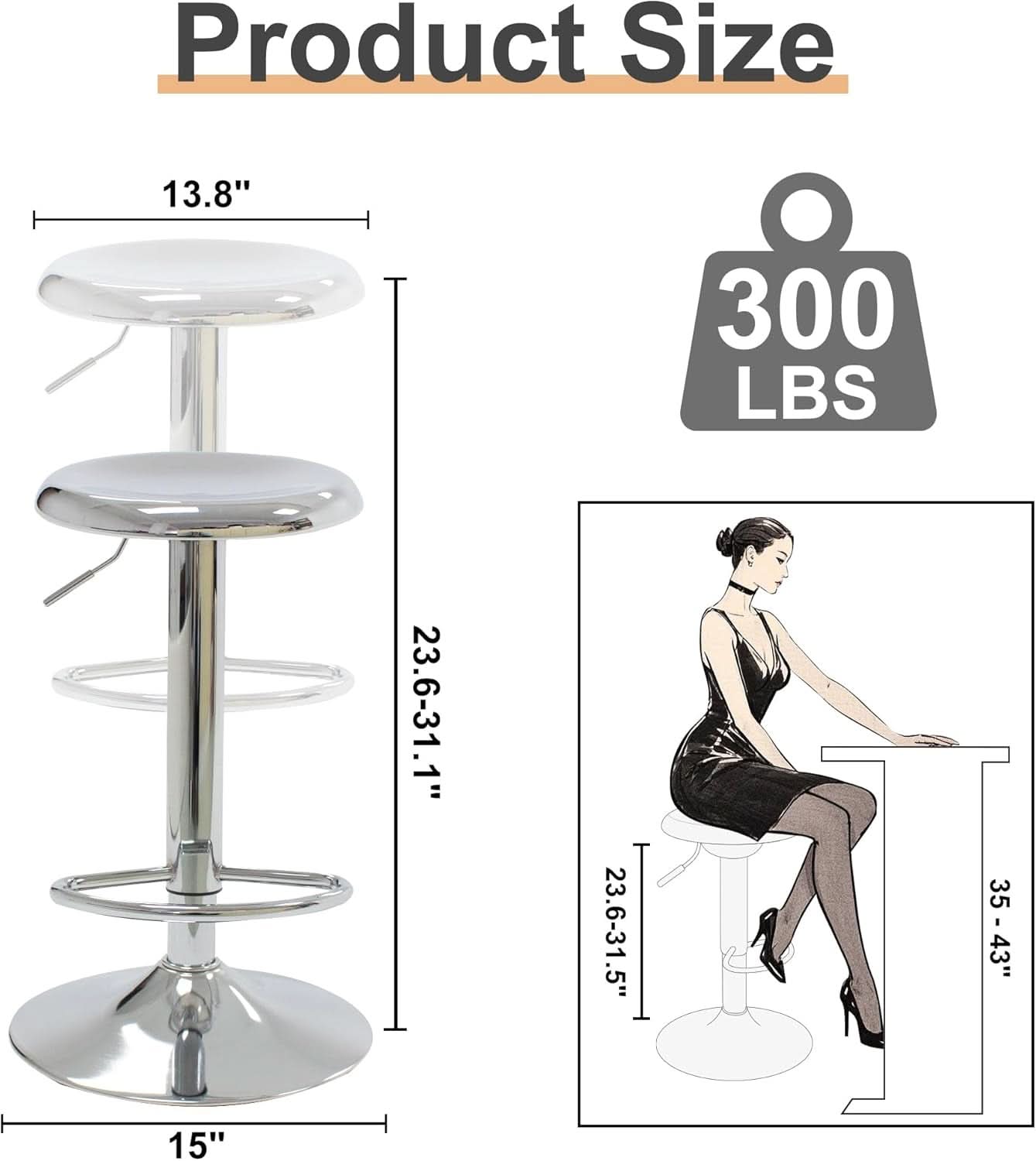 Set Of 2 Adjustable Chrome Bar Stools With 360 Degree Swivel