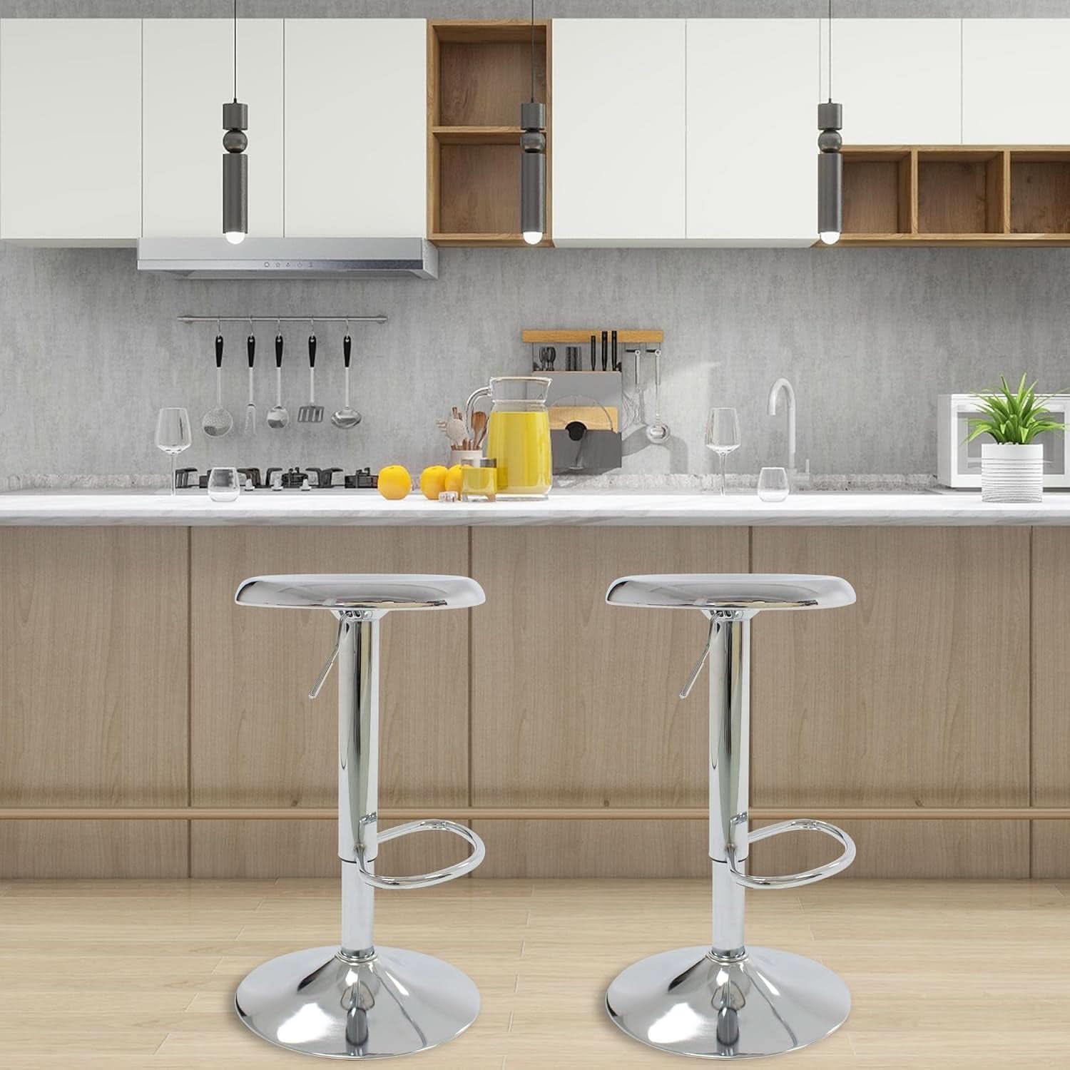Set Of 2 Adjustable Chrome Bar Stools With 360 Degree Swivel