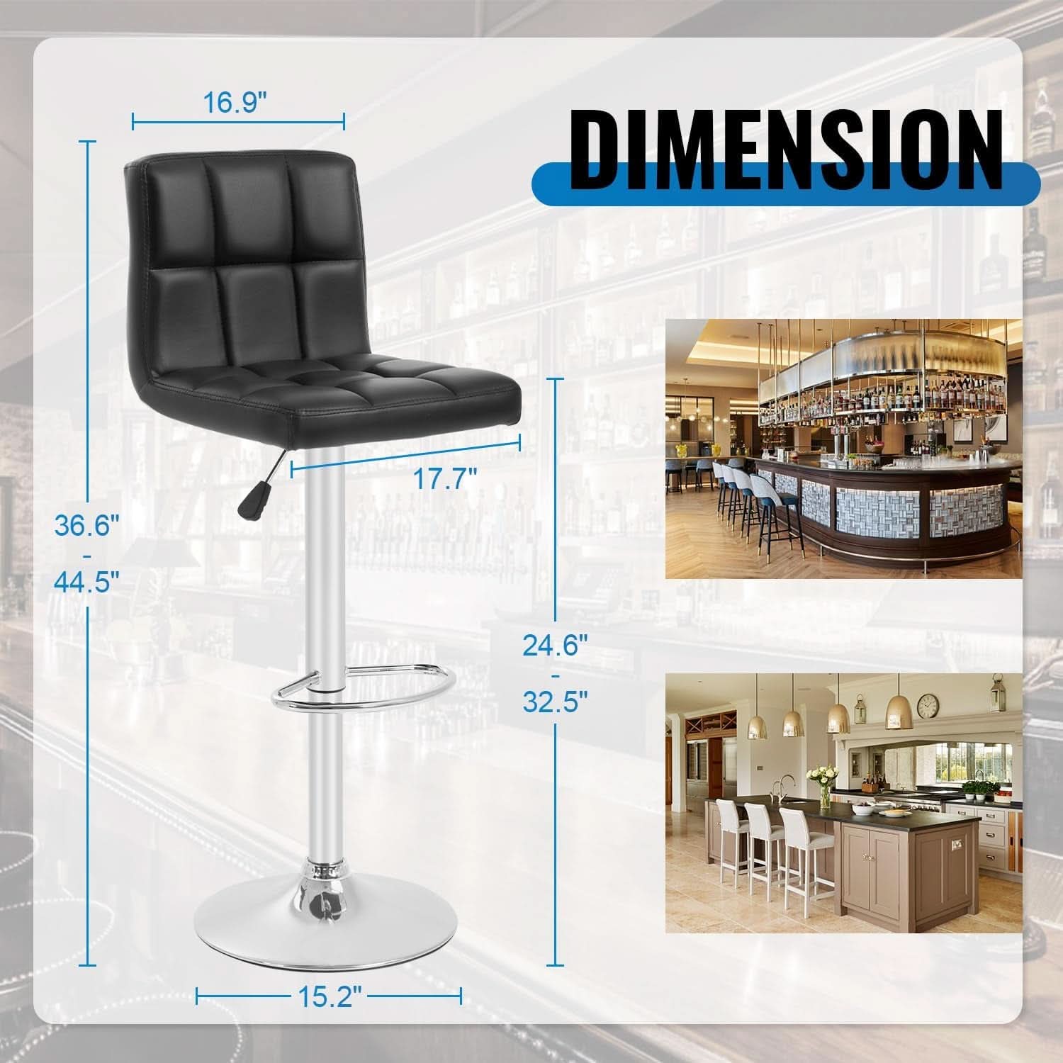 Set Of 2 Adjustable Swivel Bar Stools Black PU Leather