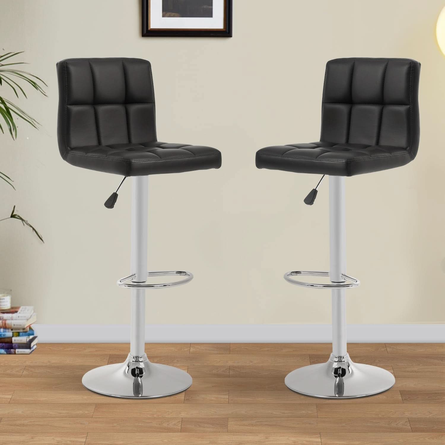 Set Of 2 Adjustable Swivel Bar Stools Black PU Leather