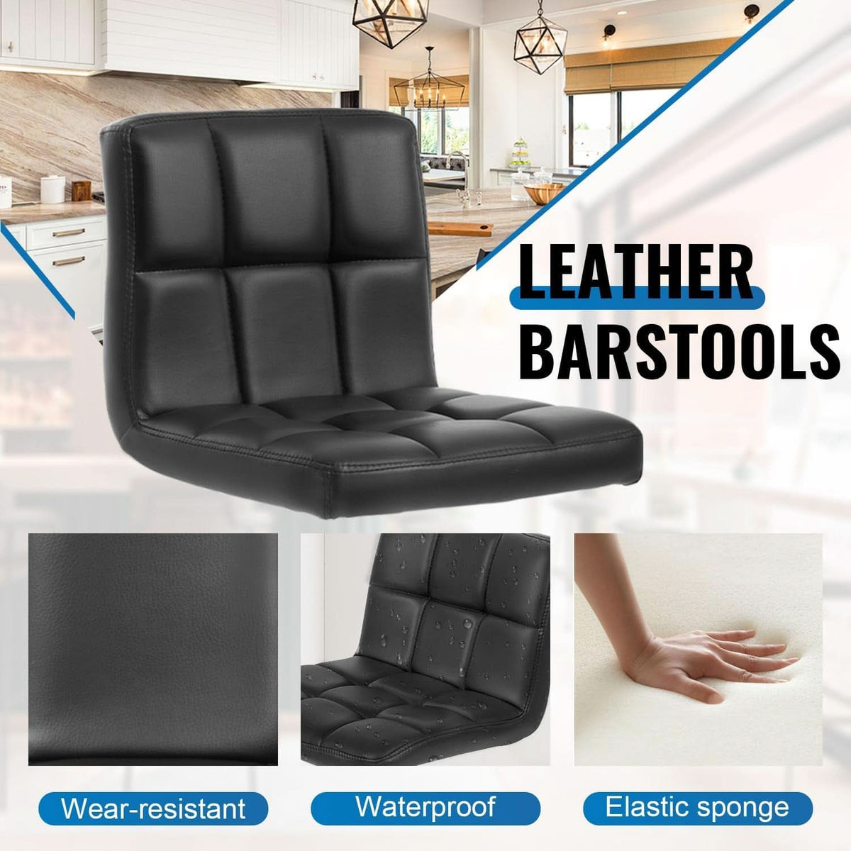 Set Of 2 Adjustable Swivel Bar Stools Black PU Leather