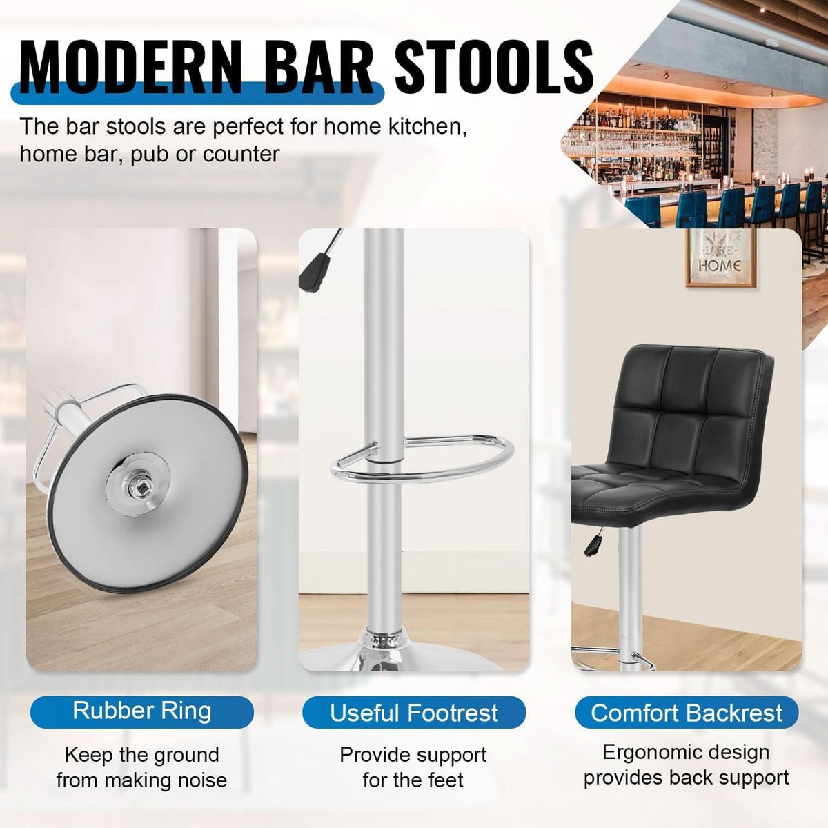 Set Of 2 Adjustable Swivel Bar Stools Black PU Leather