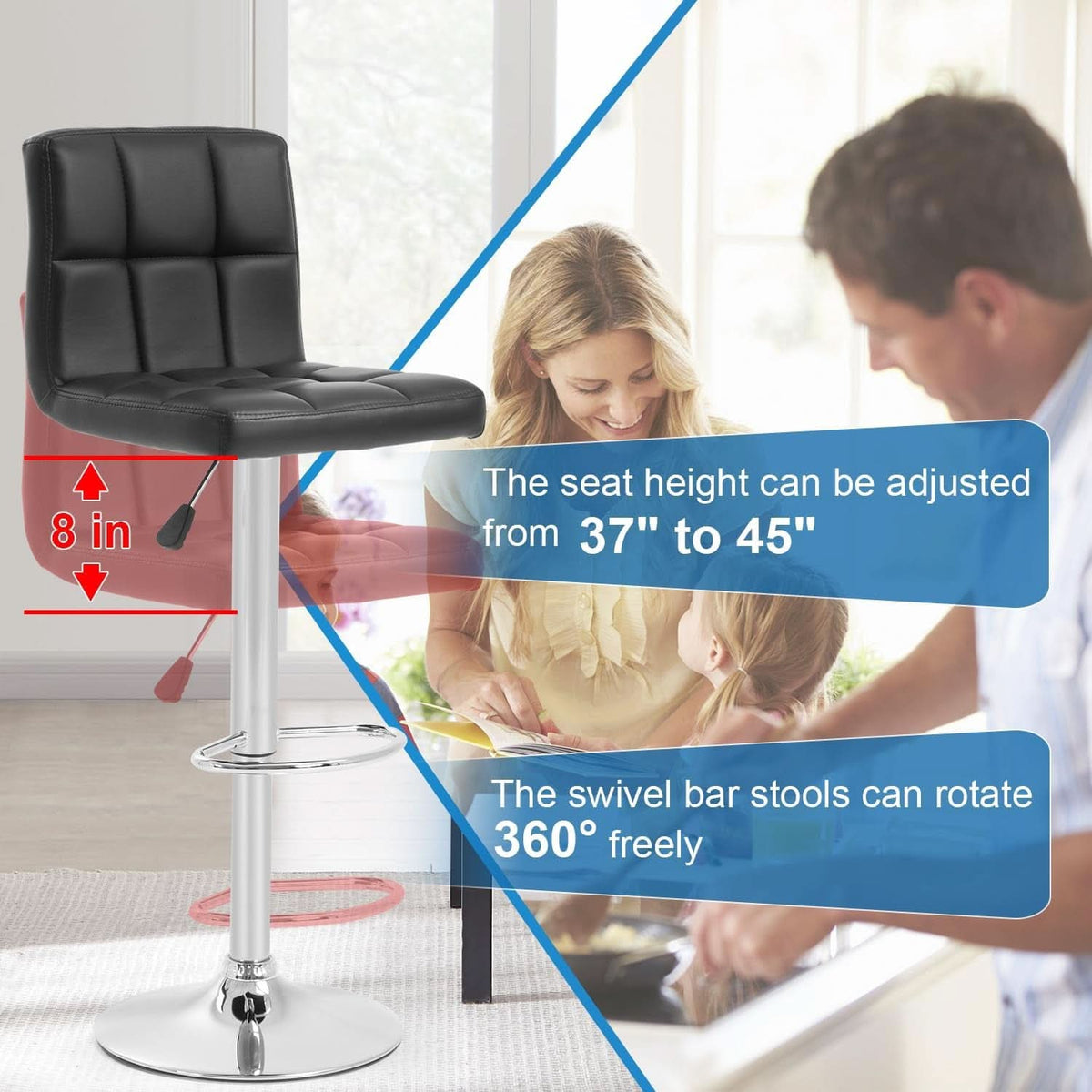 Set Of 2 Adjustable Swivel Bar Stools Black PU Leather